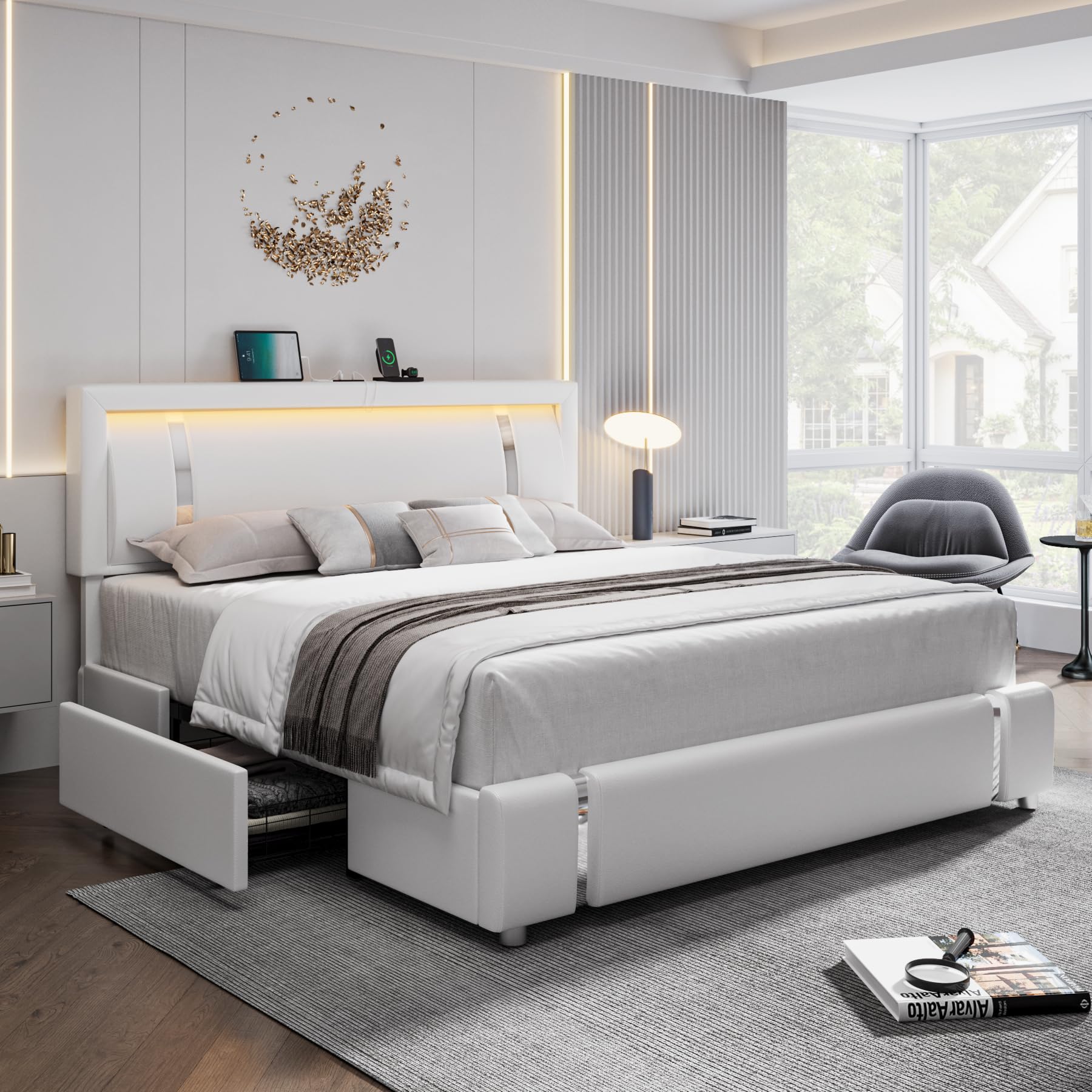 Keyluv King Size Bed Frame with RGB LED Lights & 2 Storage Drawers, Modern Upholstered Platform Bed with Iron Metal Decor, USB C