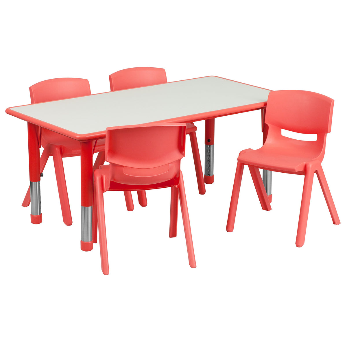 Flash Furniture Emmy 23.625''W x 47.25''L Rectangular Red Plastic Height Adjustable Activity Table Set with 4 Chairs