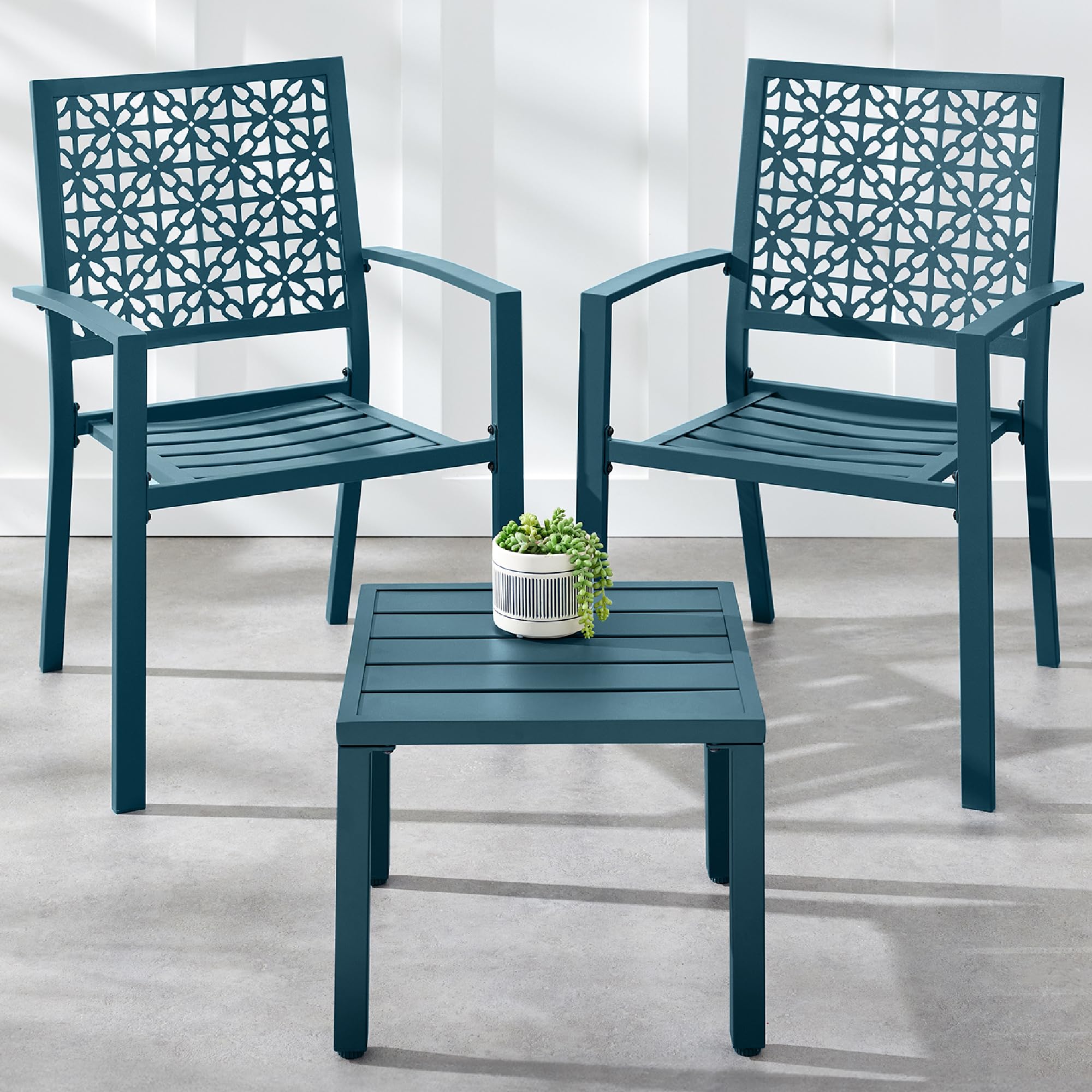 Best Choice Products 3-Piece Outdoor Bistro Set, Stackable Modern Steel Furniture for Porch, Garden w/ 2 Chairs, Table, Geometri
