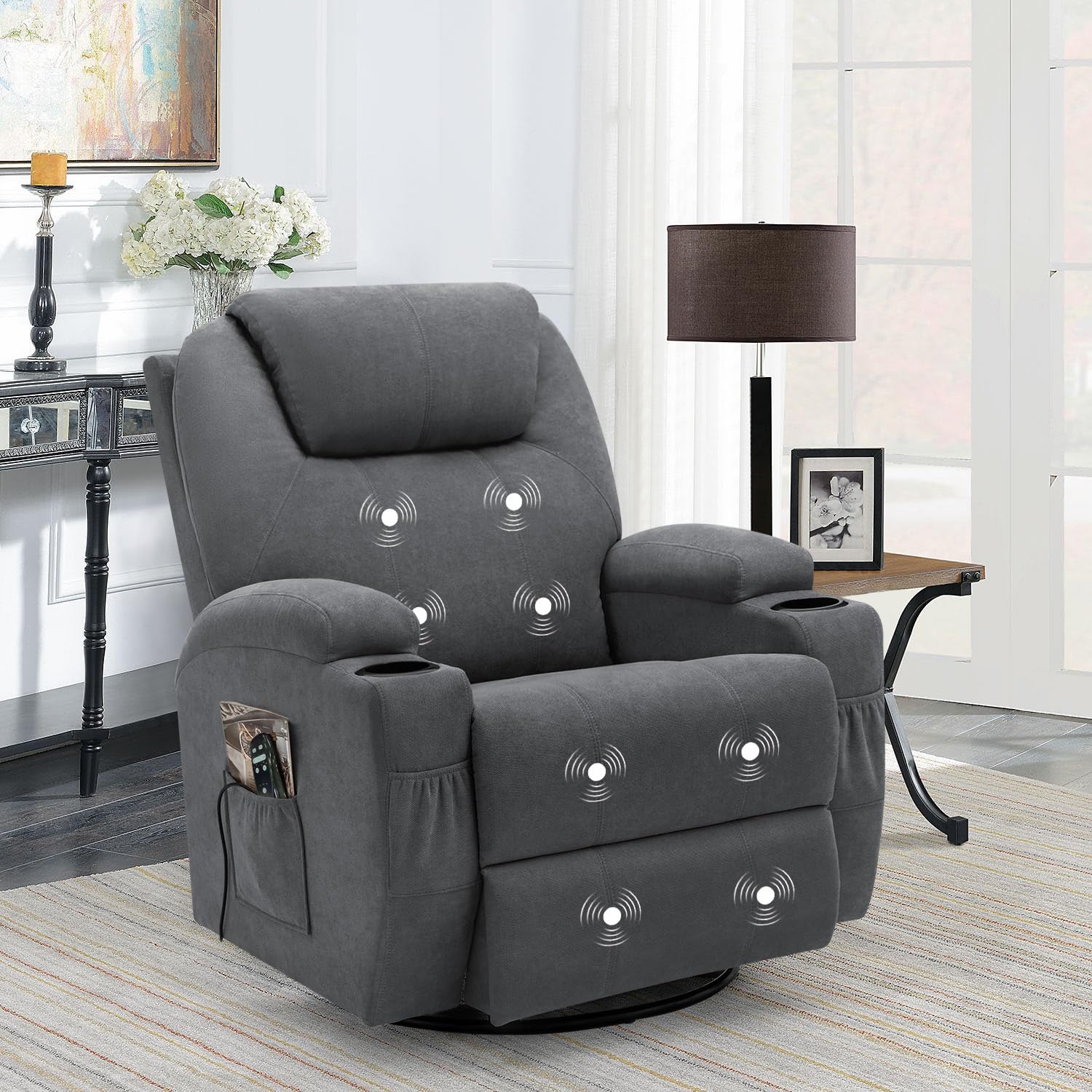 Flamaker Rocking Chair Recliner Chair With Massage Swivel Ergonomic Lounge Chair Classic Single Sofa With 2 Cup Holders Side Poc