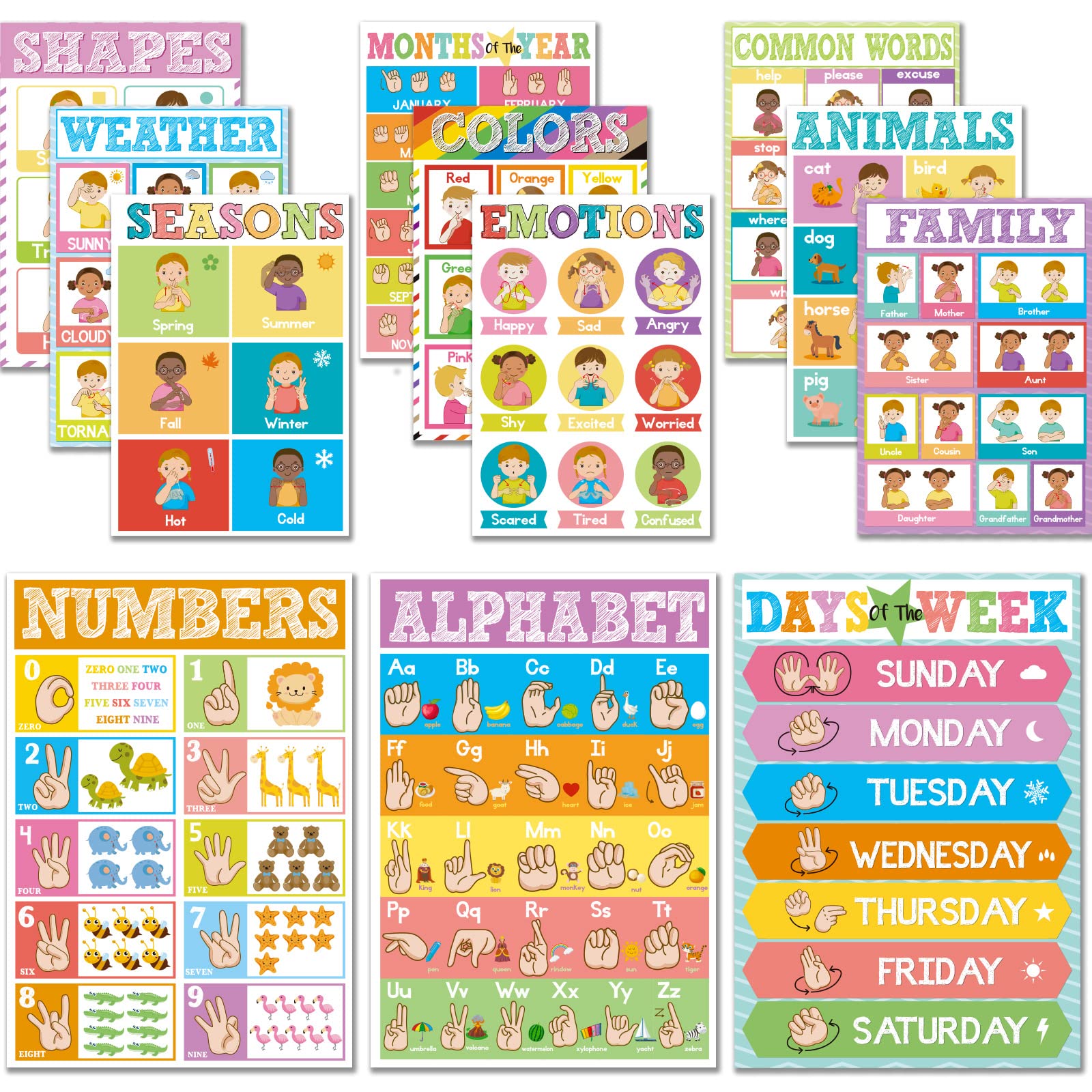 Set Of 12 Asl Posters Abc Sign Language Flash Cards American Sign Language Learning Poster For Toddler Kids Students Classroom D