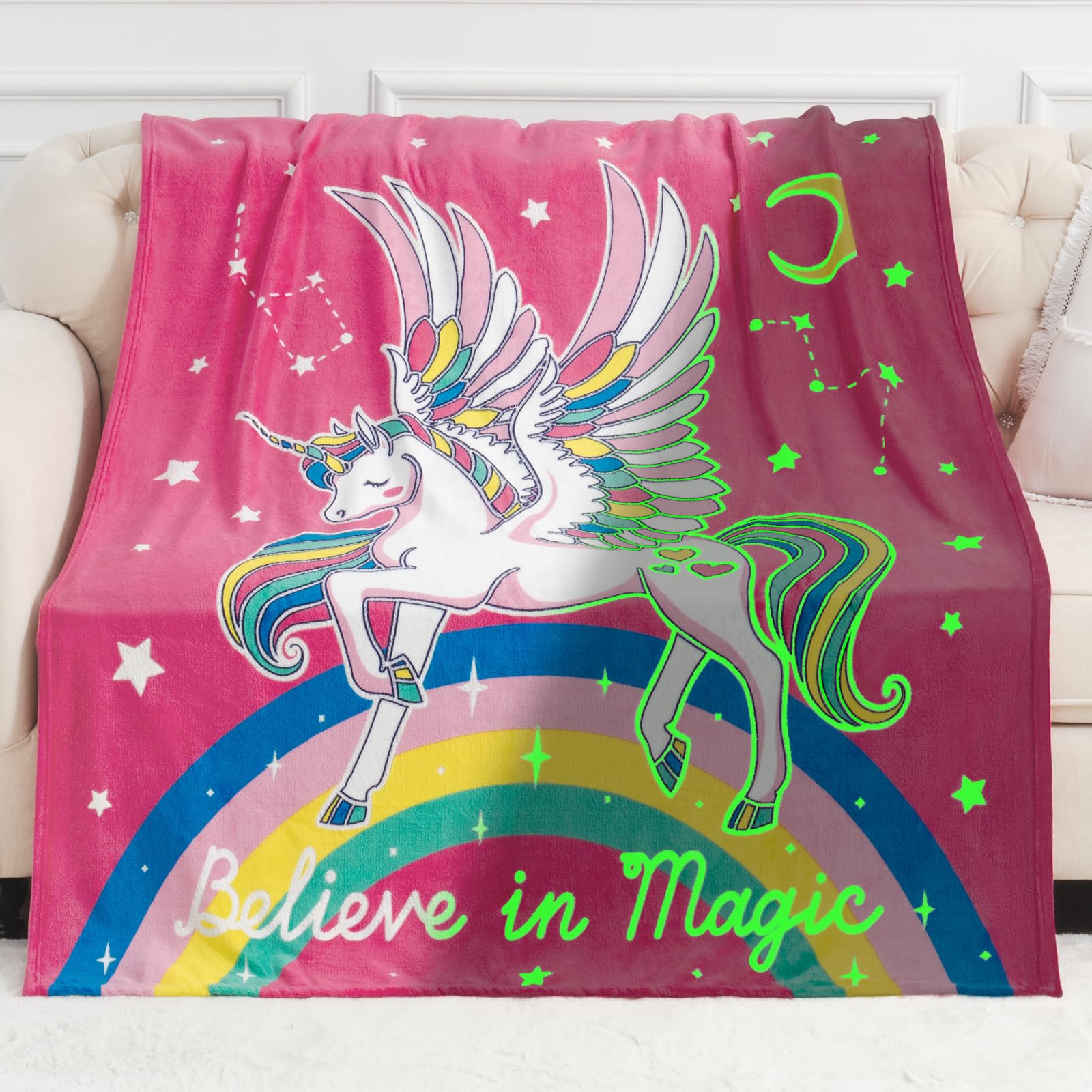 Unicorn Gifts Toys For Kids Girls - Glow In The Dark Blanket Age 1-13 Years Old Birthday Christmas Valentine'S Gift Easter Presents Toddler Teen Daughter Grandkids Rainbow Moon Stars Throw 50'X60'