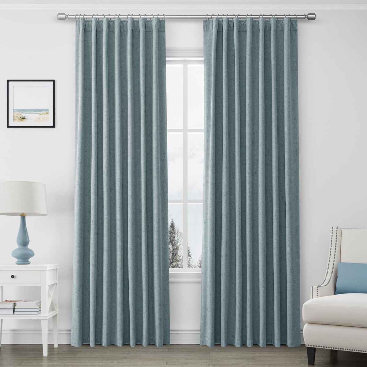 Joywell Dark Blue Linen 100% Blackout Curtains 84 Inch Long, Rod Pocket/Back Tab/Hook Belt/Clip Rings,Thermal Insulated Drapes For Bedroom Living Room With Hooks,2 Panels,52 X 84