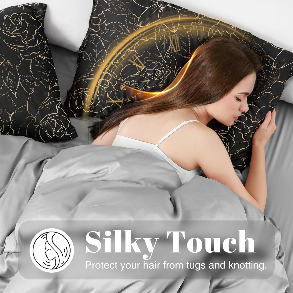 Exq Home Satin Pillowcase For Hair And Skin- Rose On Black Silk Pillowcase 2 Pack 20X26 Inches - Standard Size Pillow Cases With
