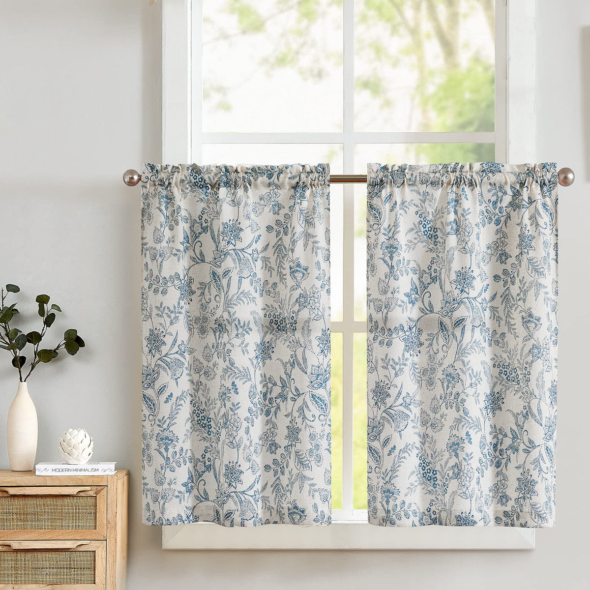 Lazzzy Kitchen Curtains Tier Curtains Linen Curtains Farmhouse Floral Blue Kitchen Cafe Curtains 36 Inch Length Small Rustic Cou
