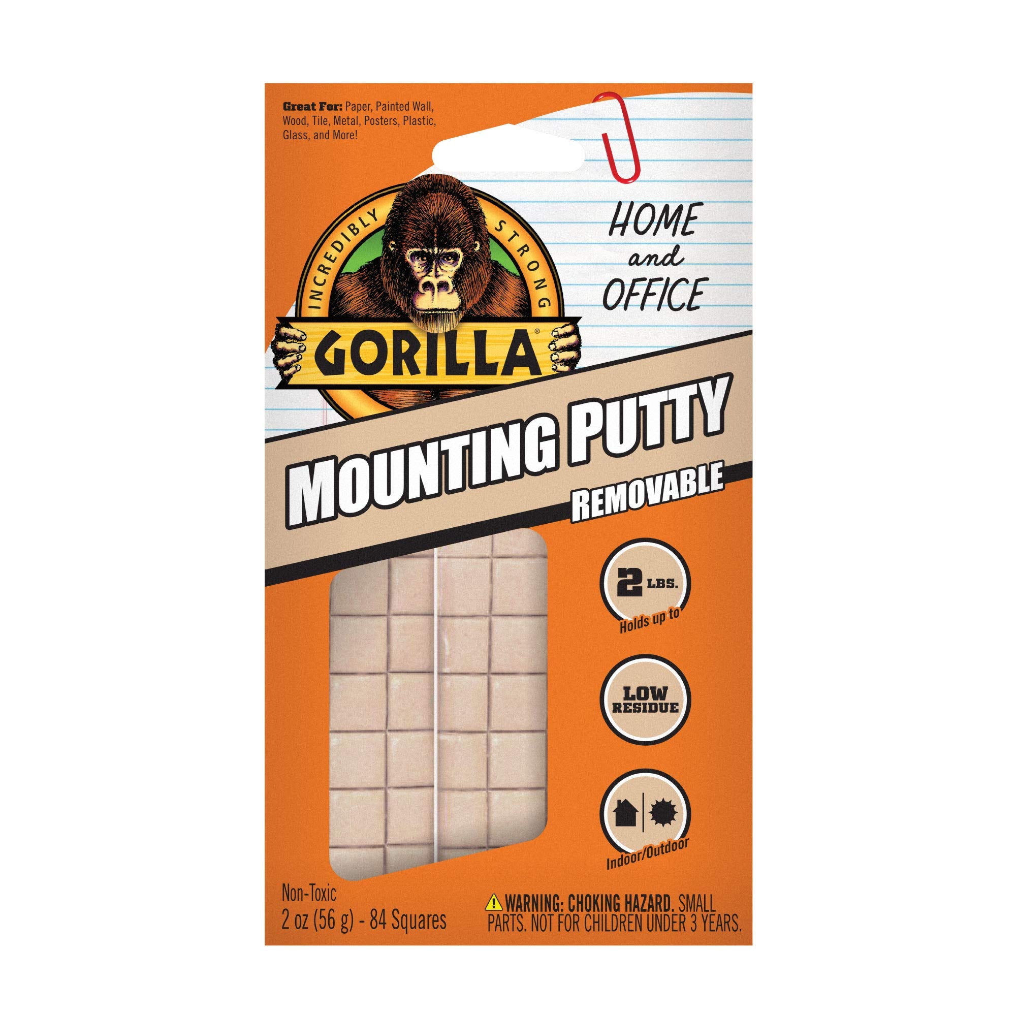 Gorilla Mounting Putty, Non-Toxic Hanging Adhesive, Removeable & Repositionable, 84 Pre-Cut Squares, 2Oz/56G, Natural Tan Color,