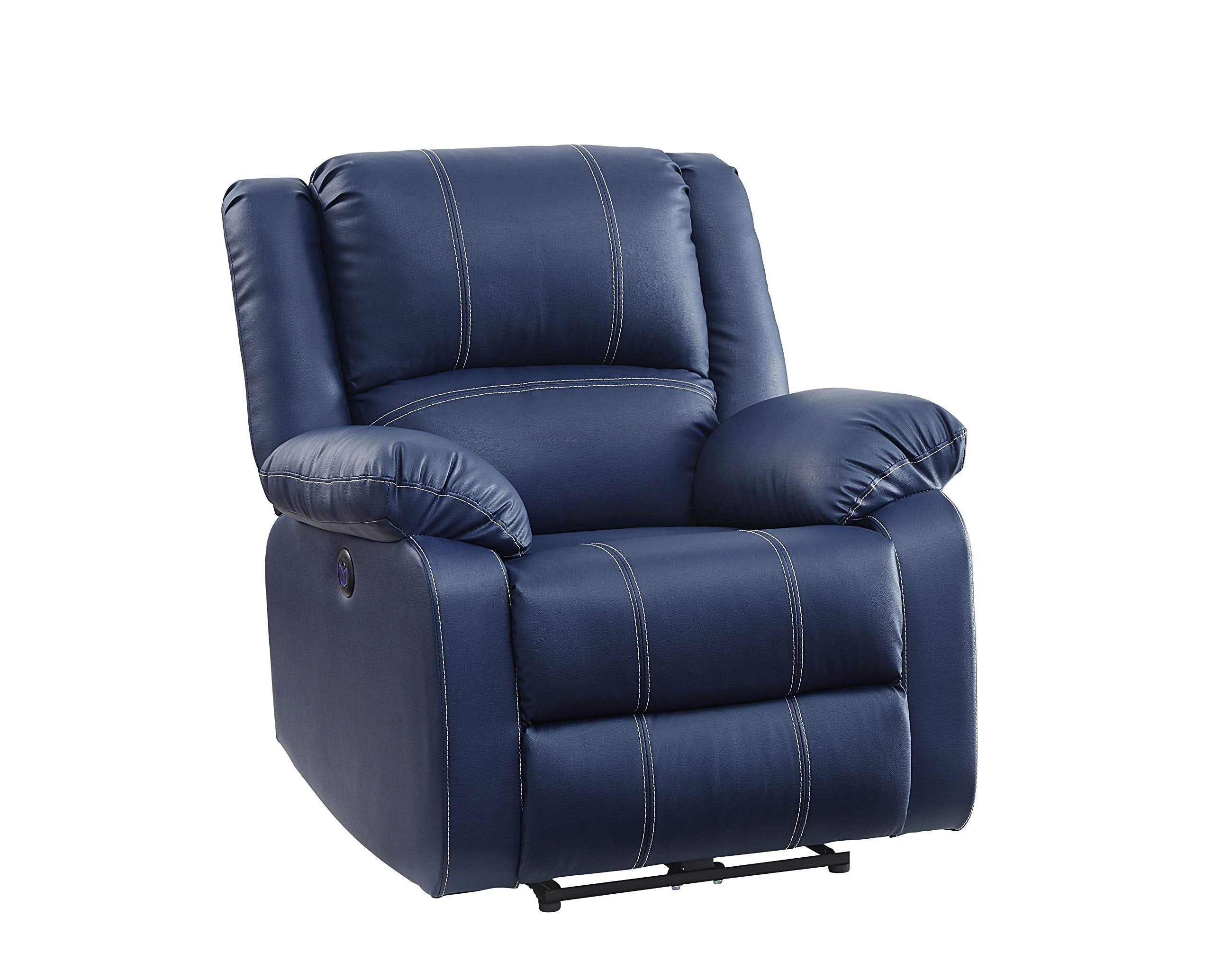 Acme Zuriel Faux Leather Power Recliner With Pillow Top Armrest In Blue