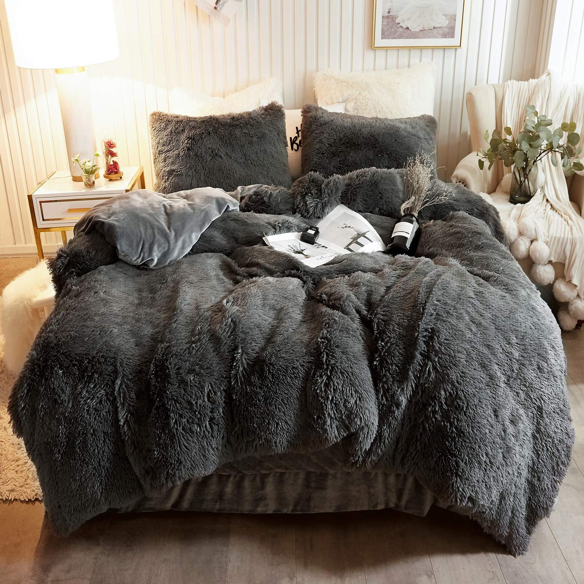 Xege Plush Shaggy Duvet Cover Set, Luxury Ultra Soft Crystal Velvet Fluffy Bedding Set 2 Pieces(1 Faux Fur Furry Comforter Cover