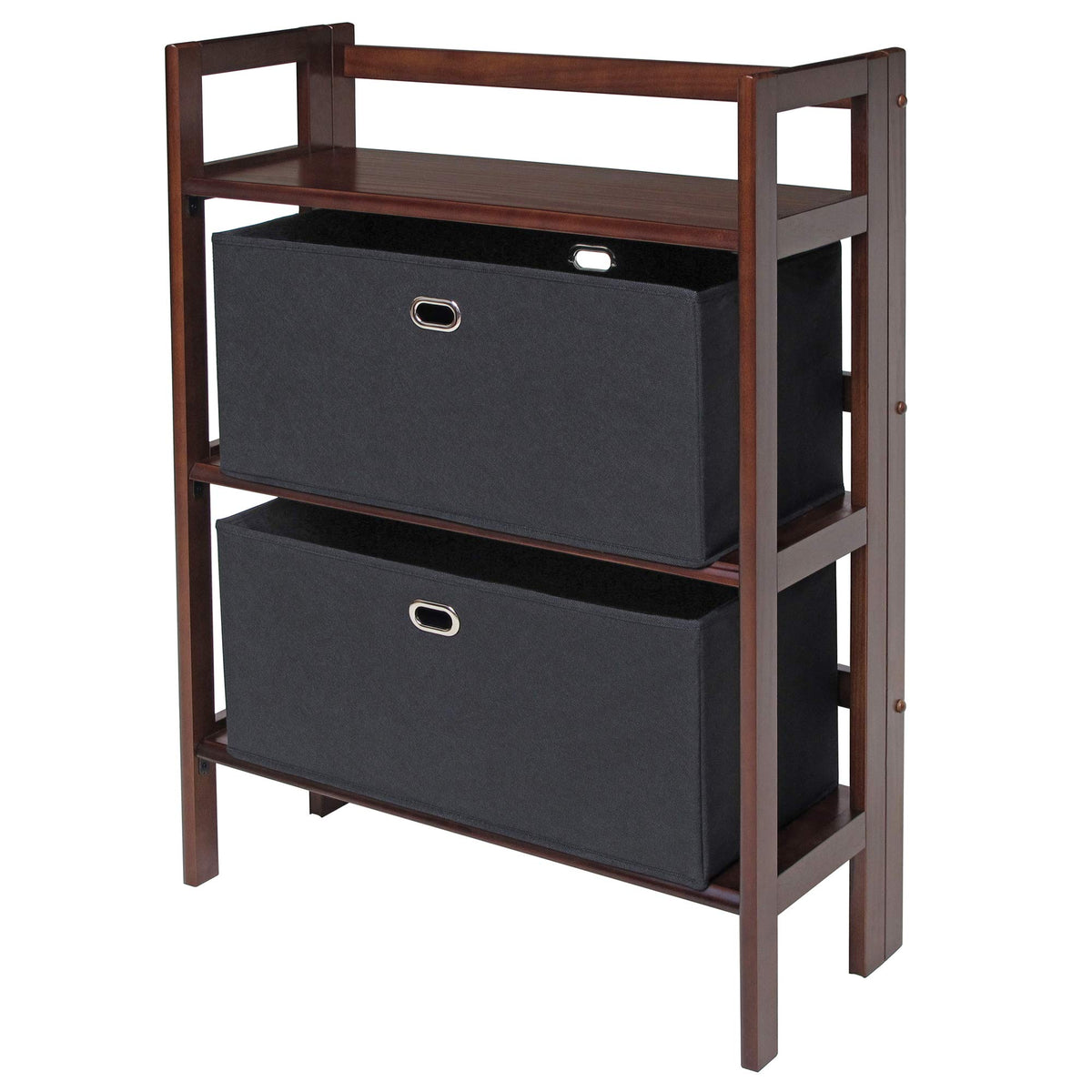 Winsome Wood Torino 3-PC Set Folding Bookcase w/Fabric Basket Storage and Organization, Antique Walnut/Black