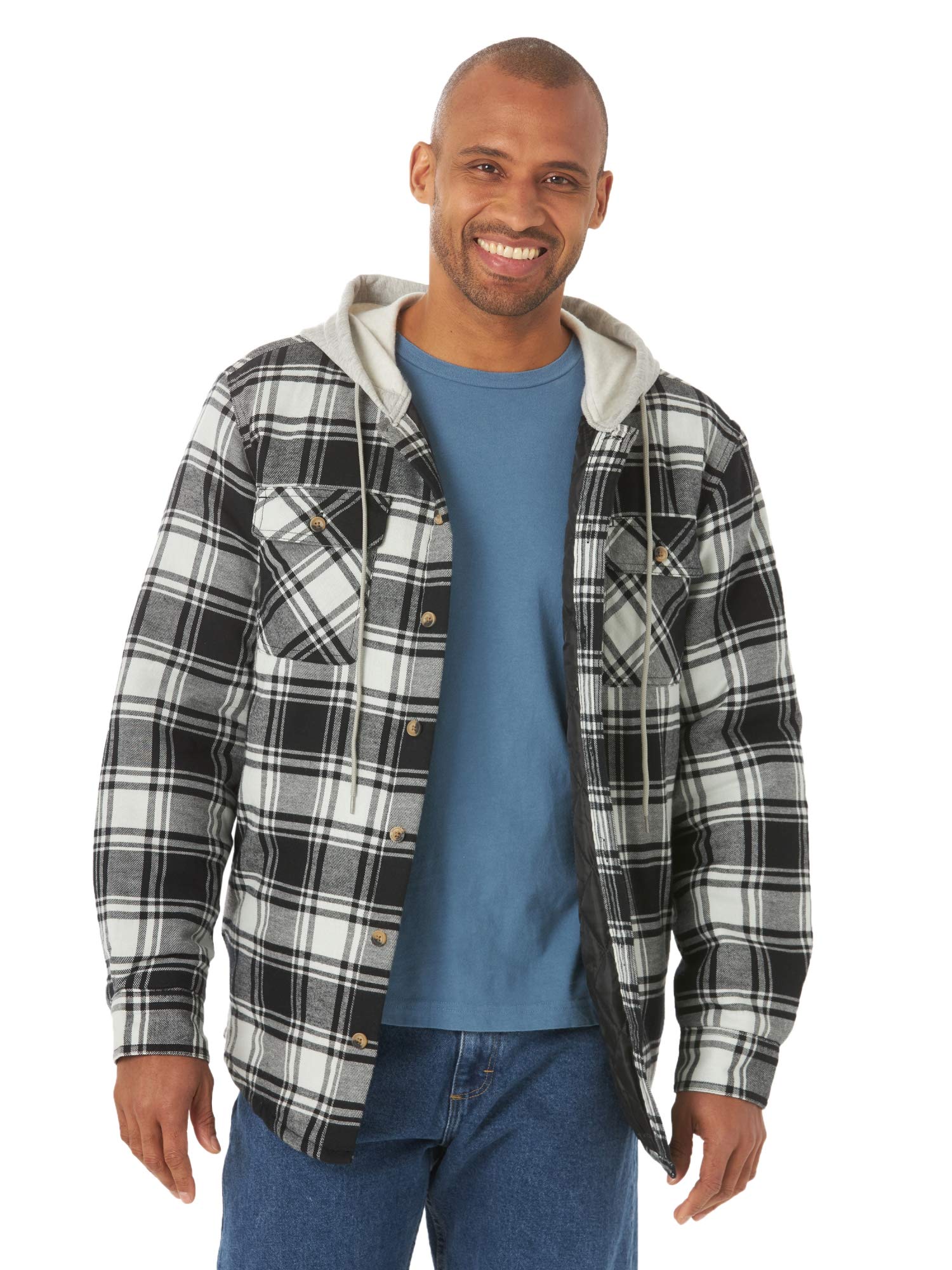 Wrangler Authentics Mens Long Sleeve Quilted Lined Flannel Shirt Jacket with Hood, Black Off-White, Medium