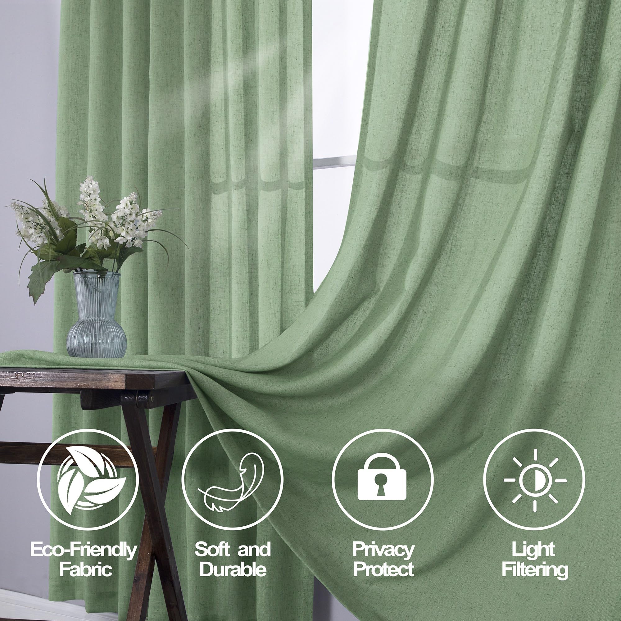 Mrs.Naturall Sage Green Sheer Curtains 96 Inches Long,Light Weight Linen Decorative Spring Curtains For Living Room
