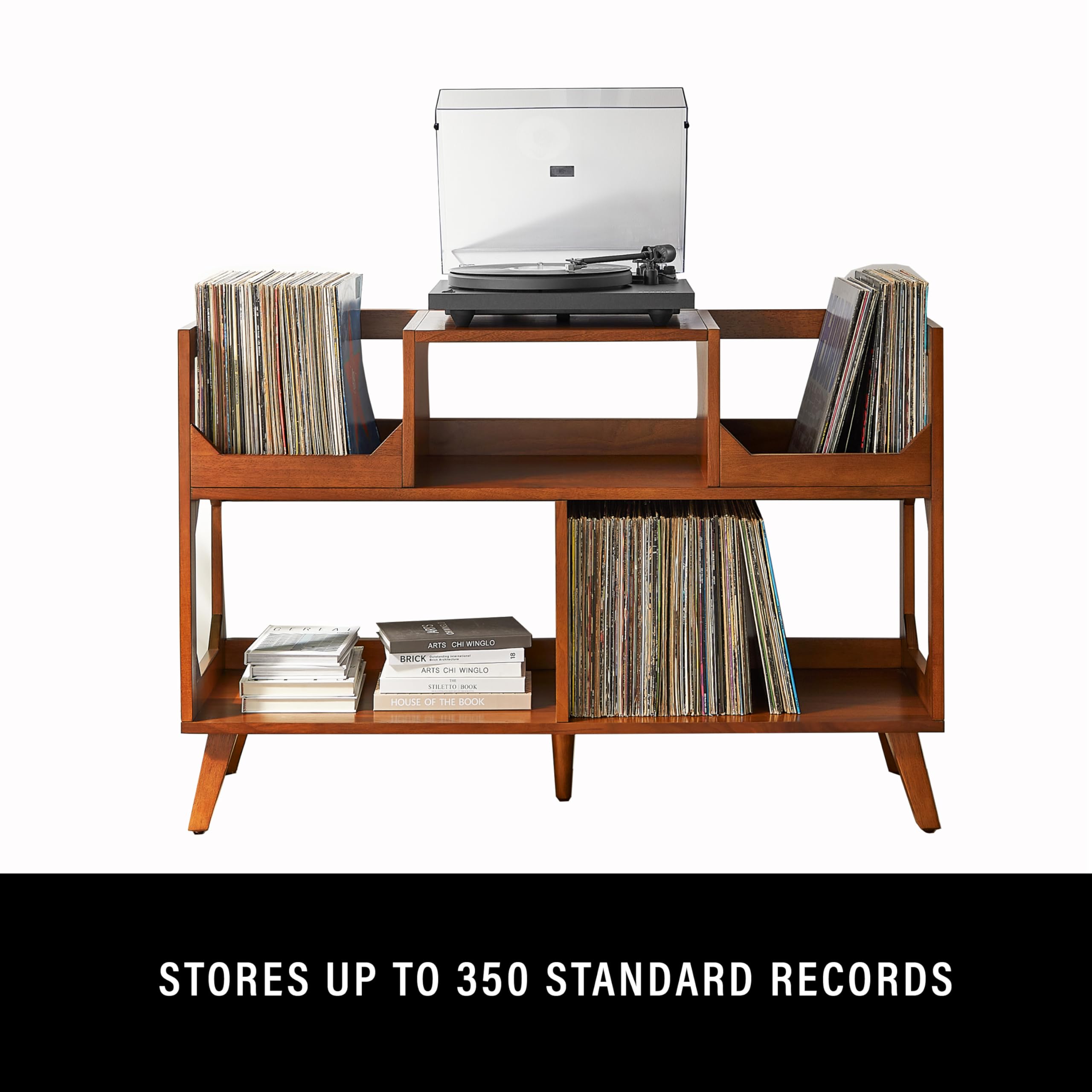 Crosley Furniture Asheville Mid-Century Modern Media Console Record Player Stand, Storage for Vinyl Records, Walnut, Large