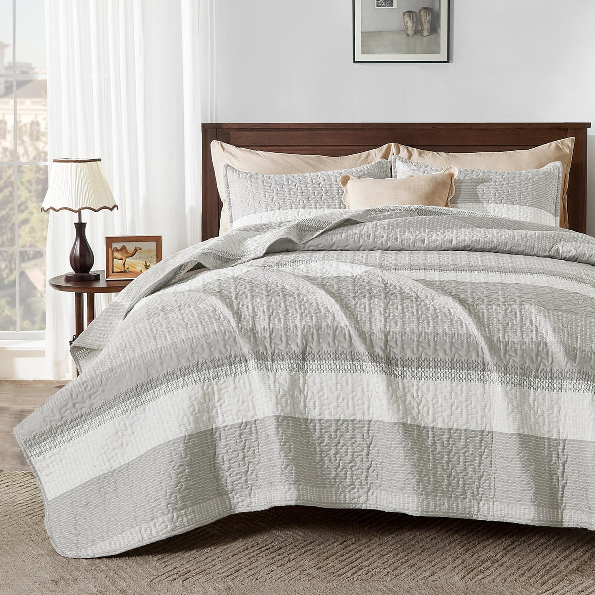 Andency California King Quilt Set - Linen Grey Lightweight Soft Quilt Cal King - Summer Bedspread California King Size - Bedding Coverlet For All Seasons (Includes 1 Quilt, 2 Pillow Shams)