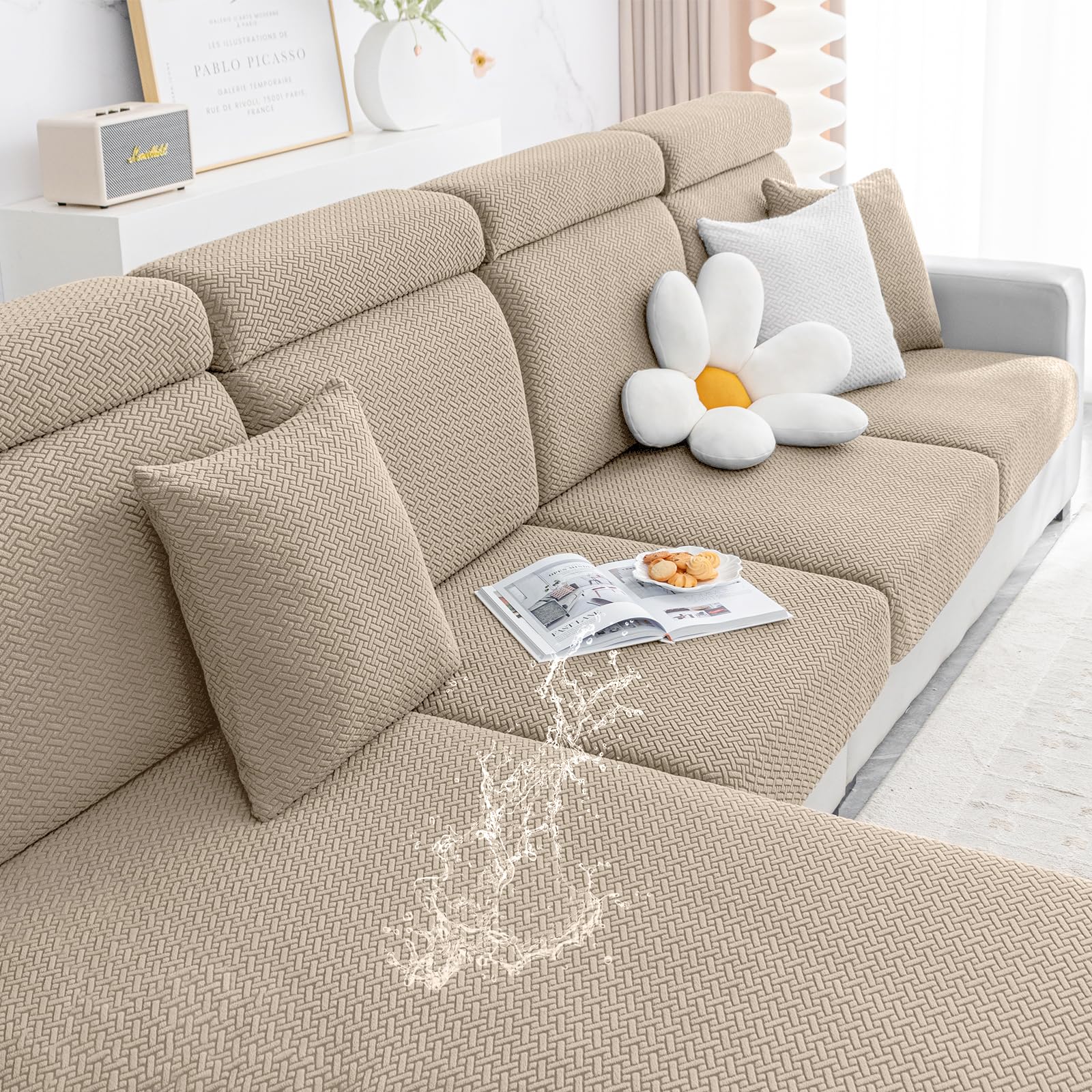 Smiry Waterproof Couch Cushion Covers, Stretch Jacquard Sectional Couch Covers, L Shape Sofa Cushion Covers, Washable Chaise Lounge Cover Elastic Furniture Protector (X-Large Chaise Cover, Camel)