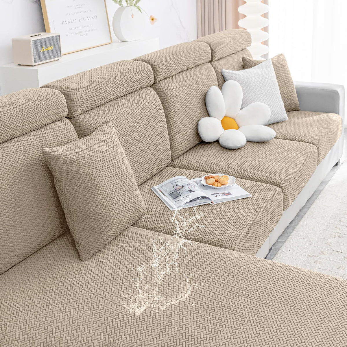 Smiry Waterproof Couch Cushion Covers, Stretch Jacquard Thick Sofa Cushion Covers, Washable Seat Cover Slipcover Elastic Furniture Protector For Pets, Kid (3Pc, Camel)