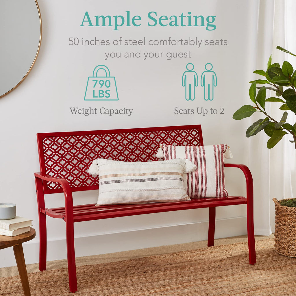 Best Choice Products Outdoor Bench 2-Person Metal Steel Benches Furniture For Garden, Patio, Porch, Entryway W/Geometric Backrest, 790Lb Capacity - Rose Red