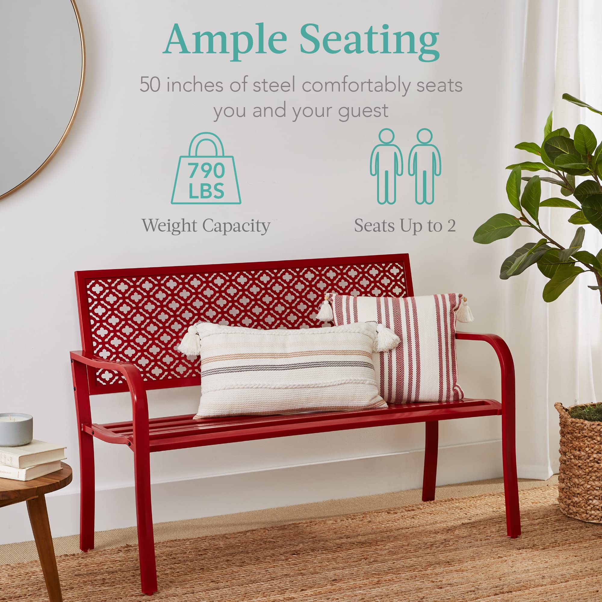 Best Choice Products Outdoor Bench 2-Person Metal Steel Benches Furniture For Garden, Patio, Porch, Entryway W/Geometric Backrest, 790Lb Capacity - Rose Red