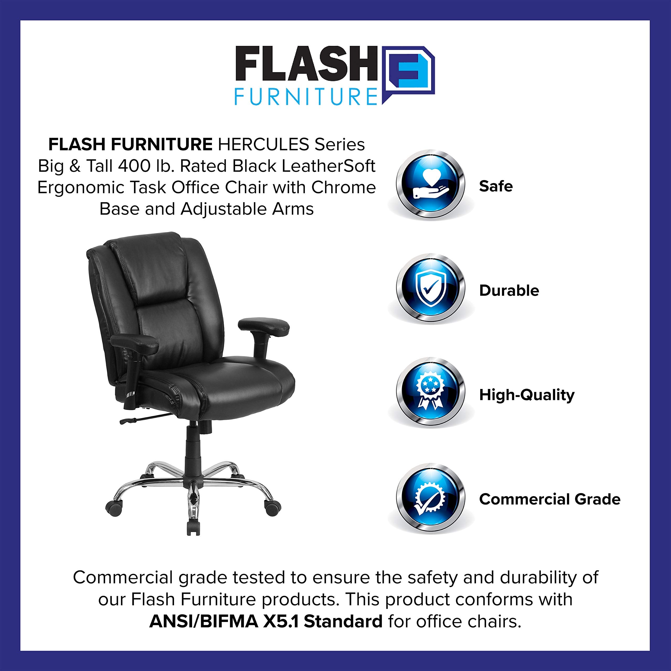 Flash Furniture HERCULES Series Big & Tall 400 lb. Rated Black LeatherSoft Ergonomic Task Office Chair with Chrome Base and Adjustable Arms