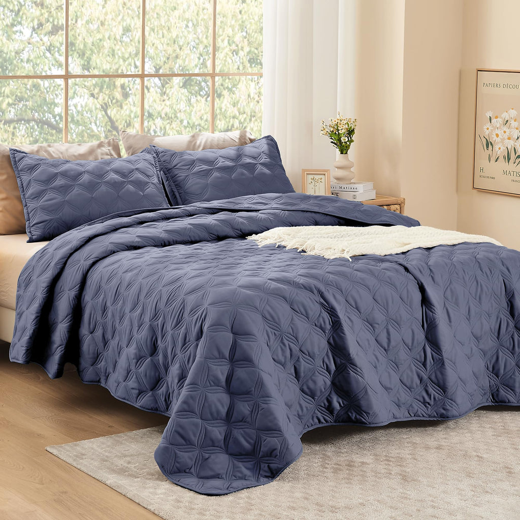 Litanika King Size Quilt Bedding Set, Dark Blue Grey Summer Lightweight Soft Comforter Bedspreads & Coverlets, Boho Farmhouse Be