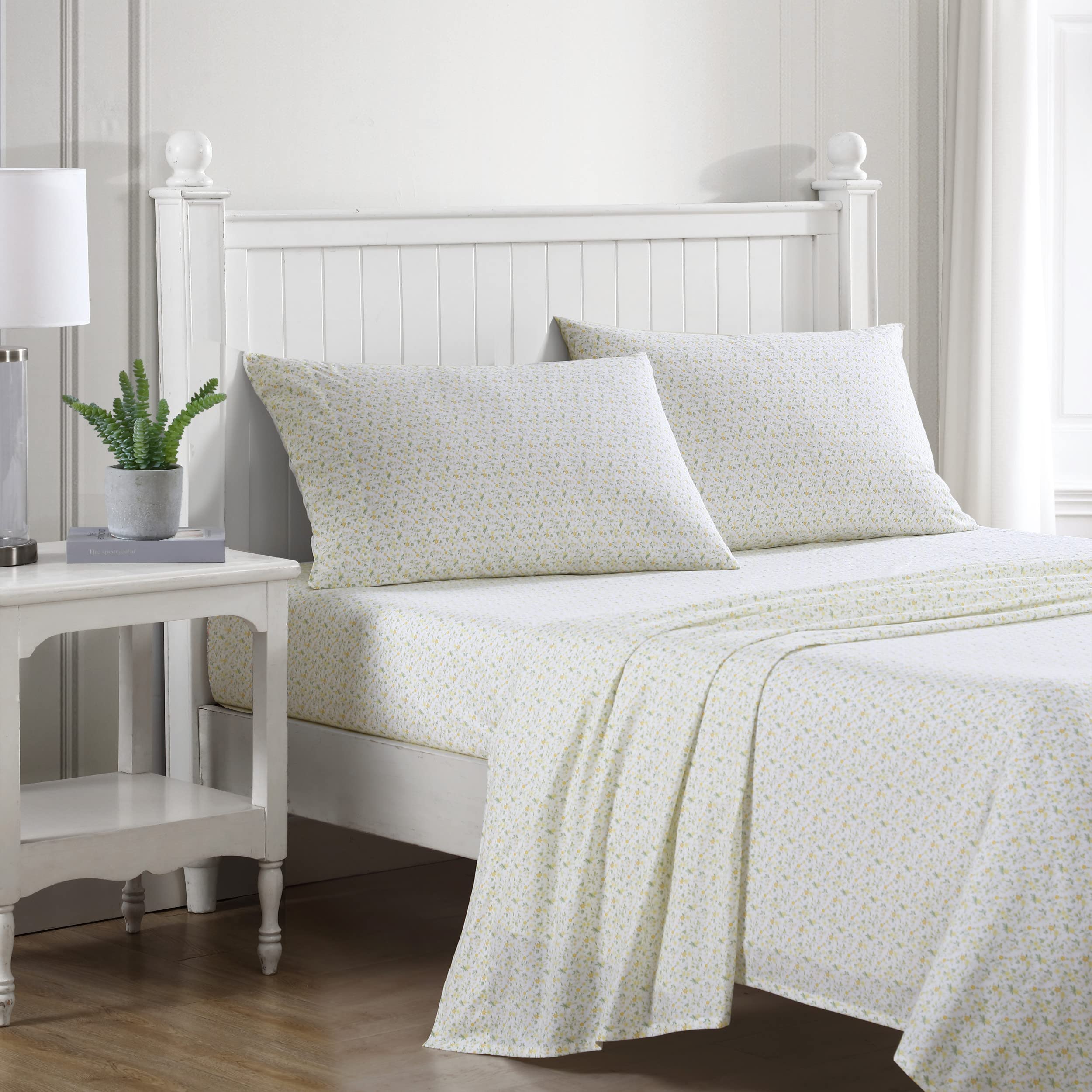 Laura Ashley - King Sheets, Cotton Percale Bedding Set, Crisp & Cool Home Decor (Evie Yellow, King)