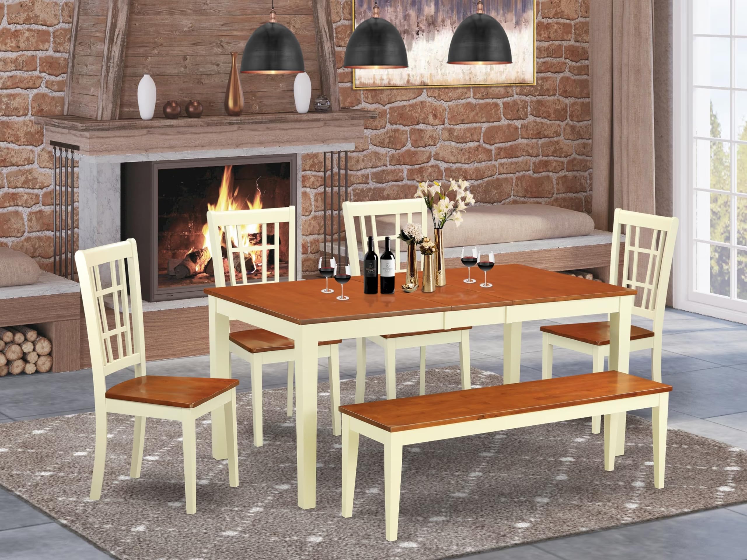 East West Furniture NICO6-WHI-W 6 Piece Dining Table Set Contains a Rectangle Dining Room Table with Butterfly Leaf and 4 Wooden Seat Chairs with a Bench, 36x66 Inch, Buttermilk & Cherry