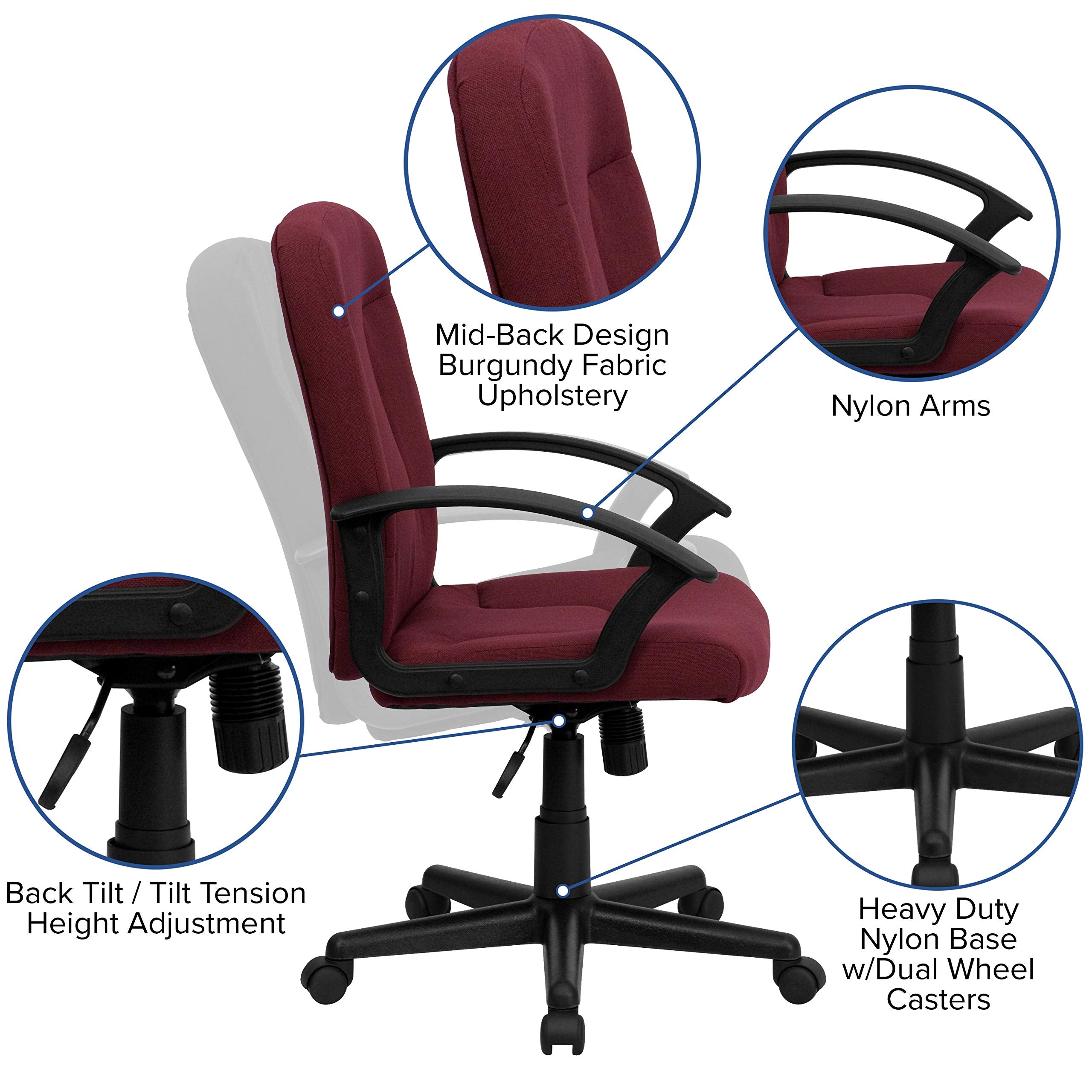 Flash Furniture Garver Mid-Back Burgundy Fabric Executive Swivel Office Chair with Nylon Arms