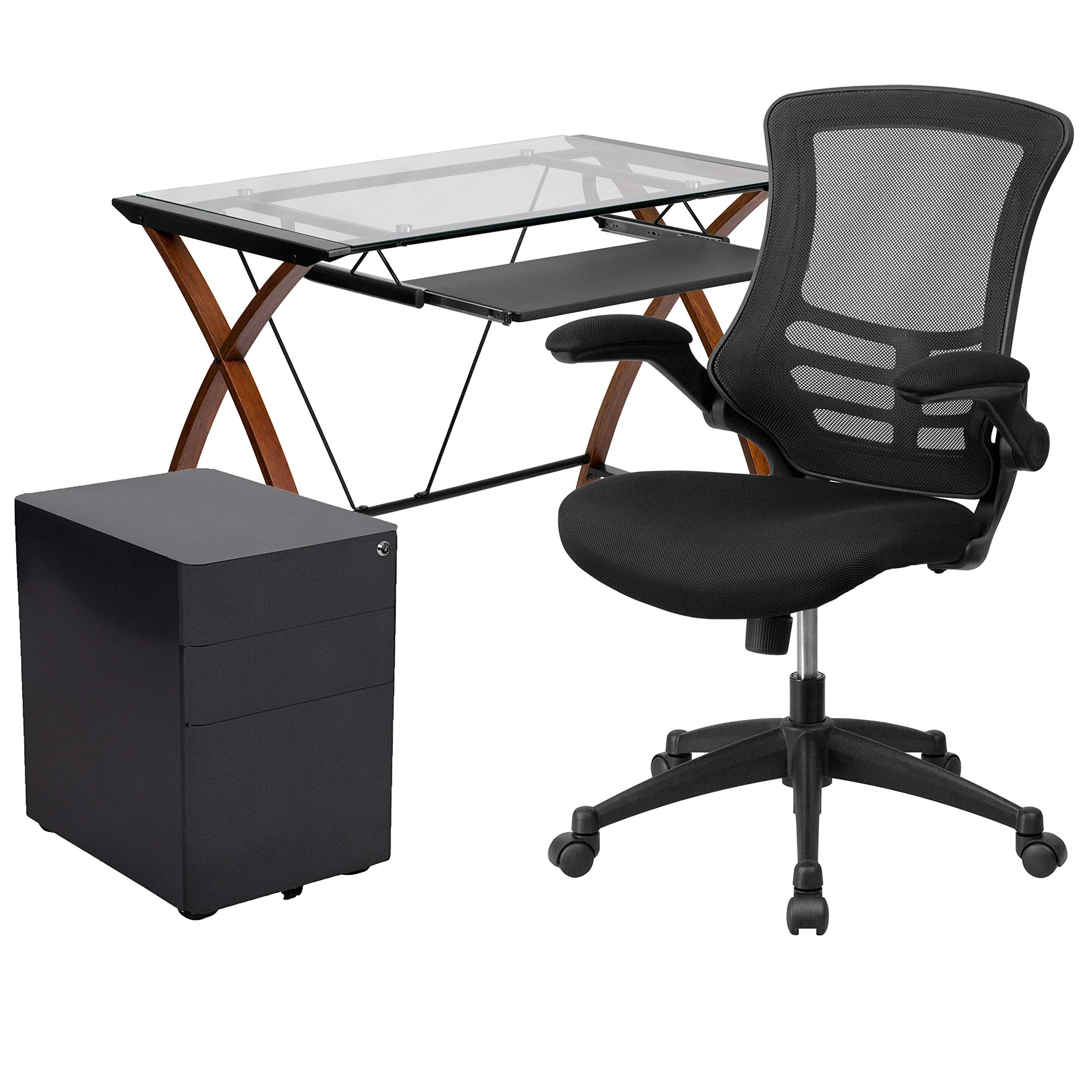 Flash Furniture Work From Home Kit - Glass Desk With Keyboard Tray, Ergonomic Mesh Office Chair And Filing Cabinet With Lock & Side Handles