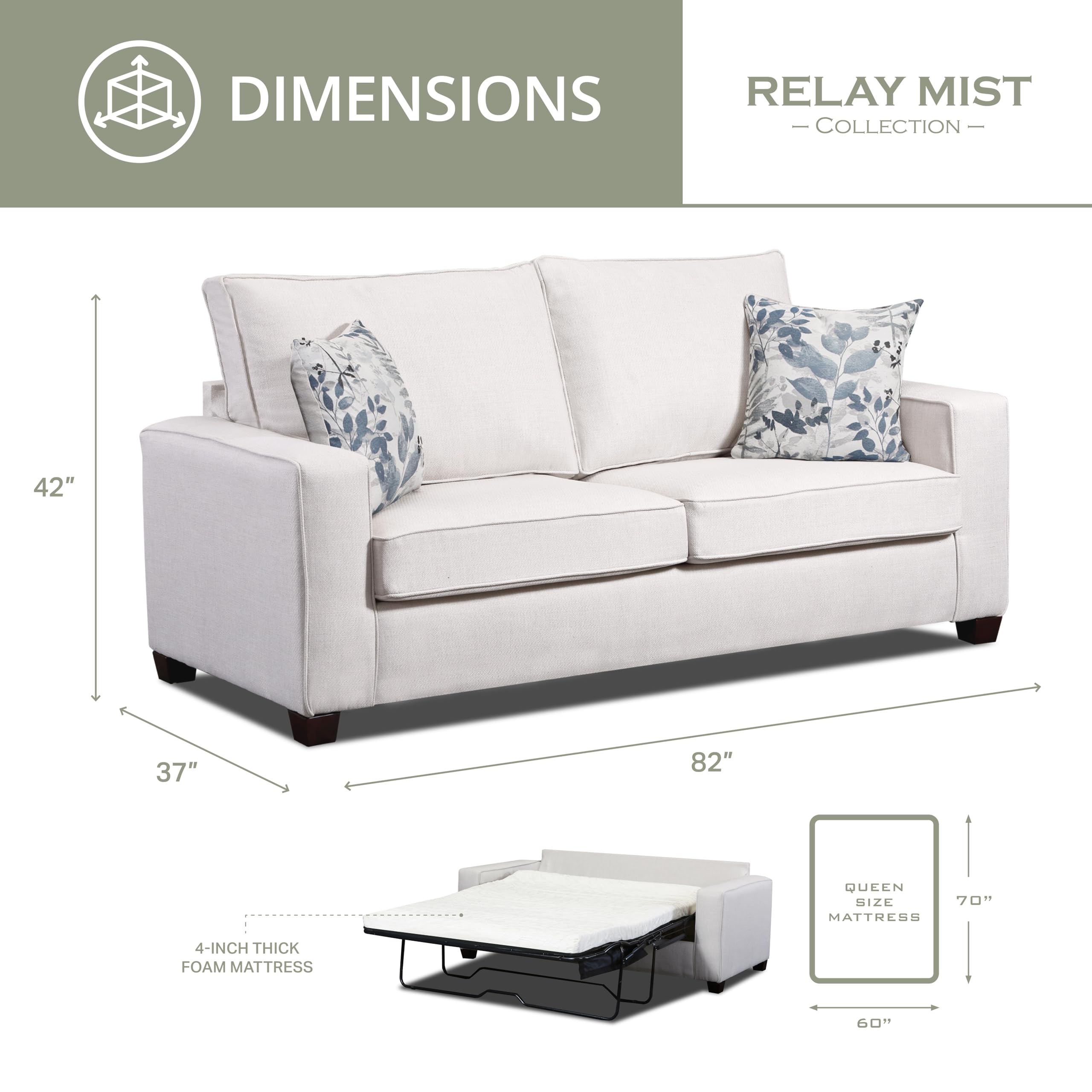 American Furniture Classics Relay Mist Sleeper with Two Throw Pillows Sofas, Soft Washed Cream Tweed
