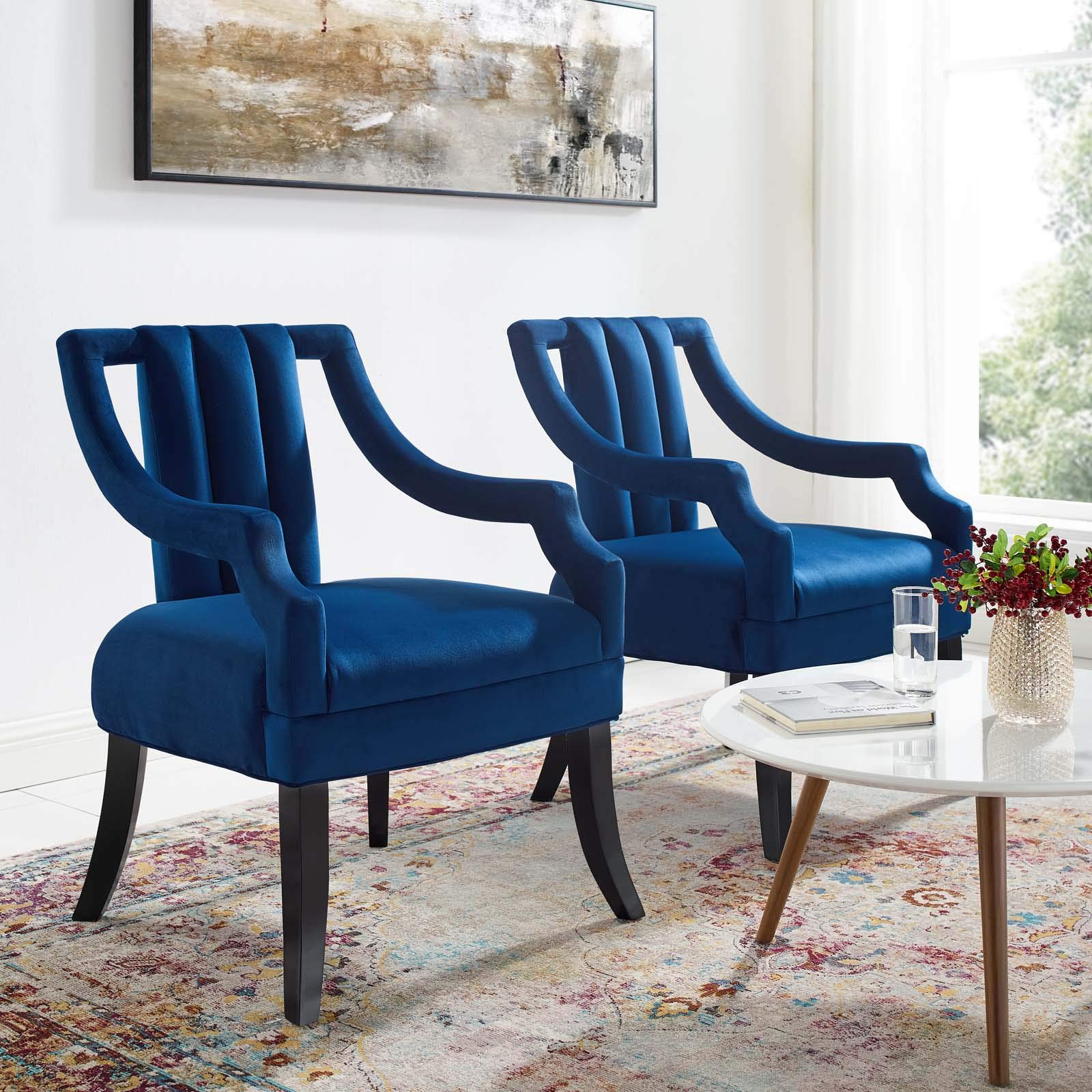Modway Harken Performance Velvet Set Of 2, Two Accent Chairs, Navy
