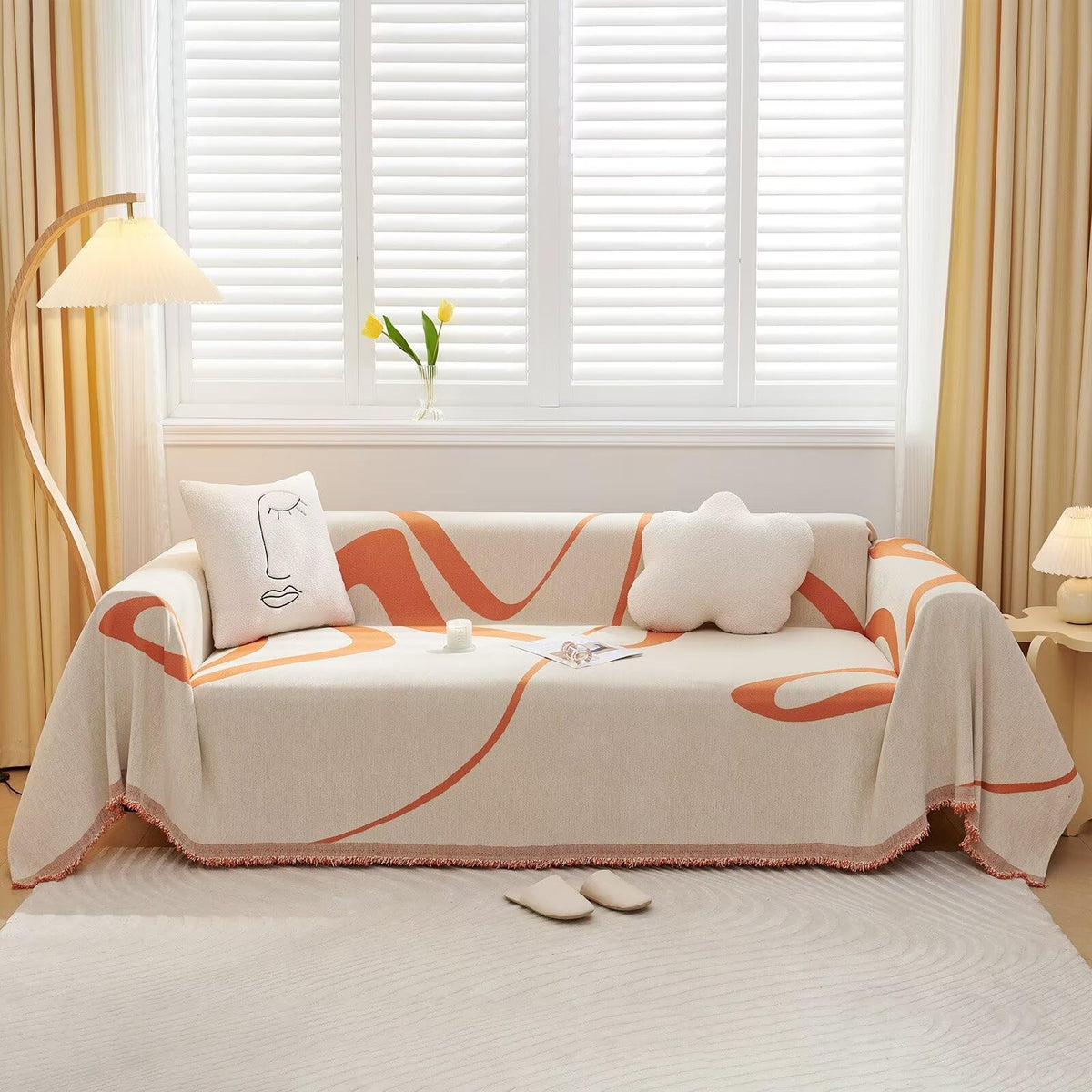 Vclife Chenille Couch Cover Modern Beige Cream Caramel Stripe Geometric Jacquard Sofa Slipcover For Sectional Couch, Simple Styl