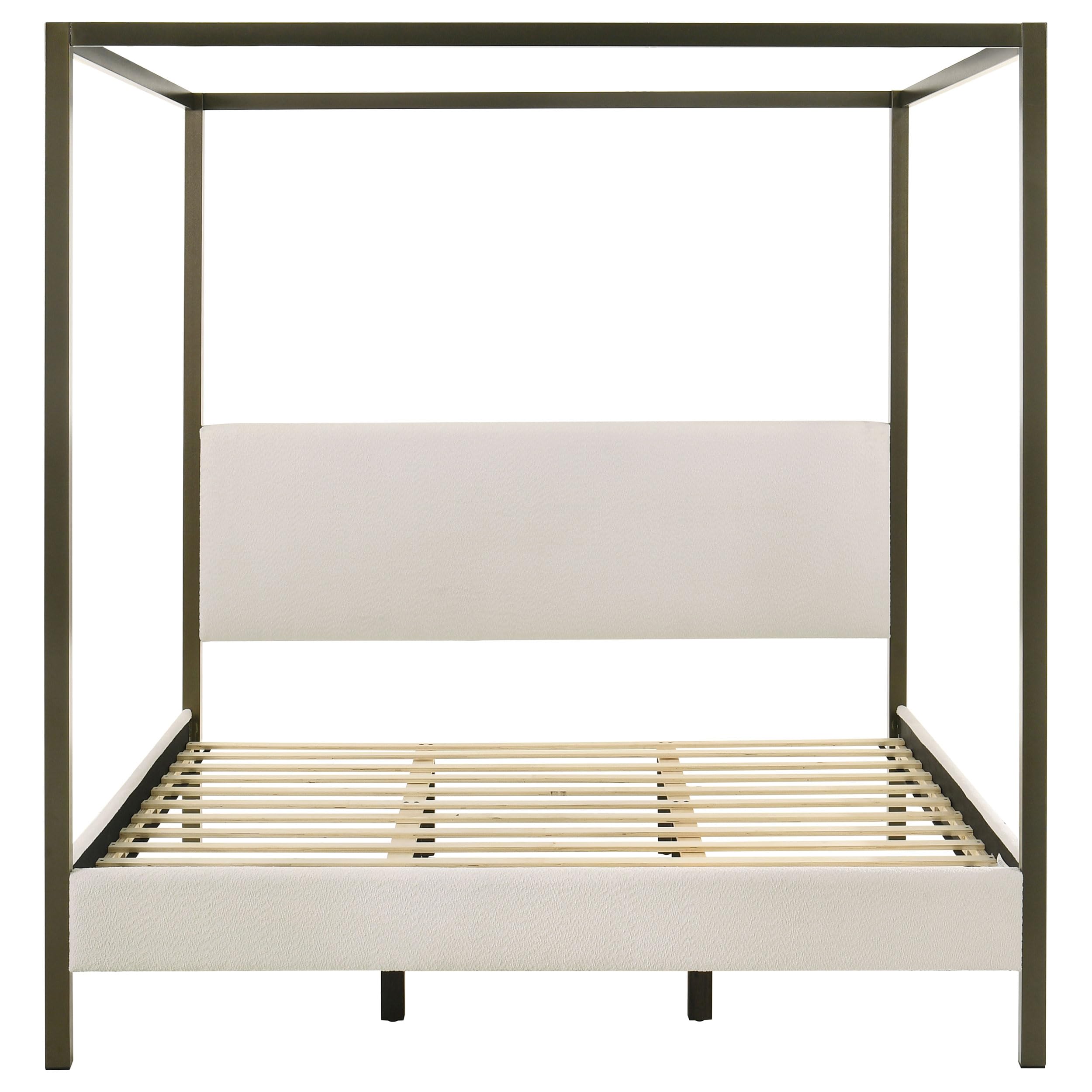 Coaster Home Furnishings Monroe Transitional Boucle Upholstered Eastern King Size Canopy Bed Frame Platform Bed 86-inch Headboard Vanilla 300834KE