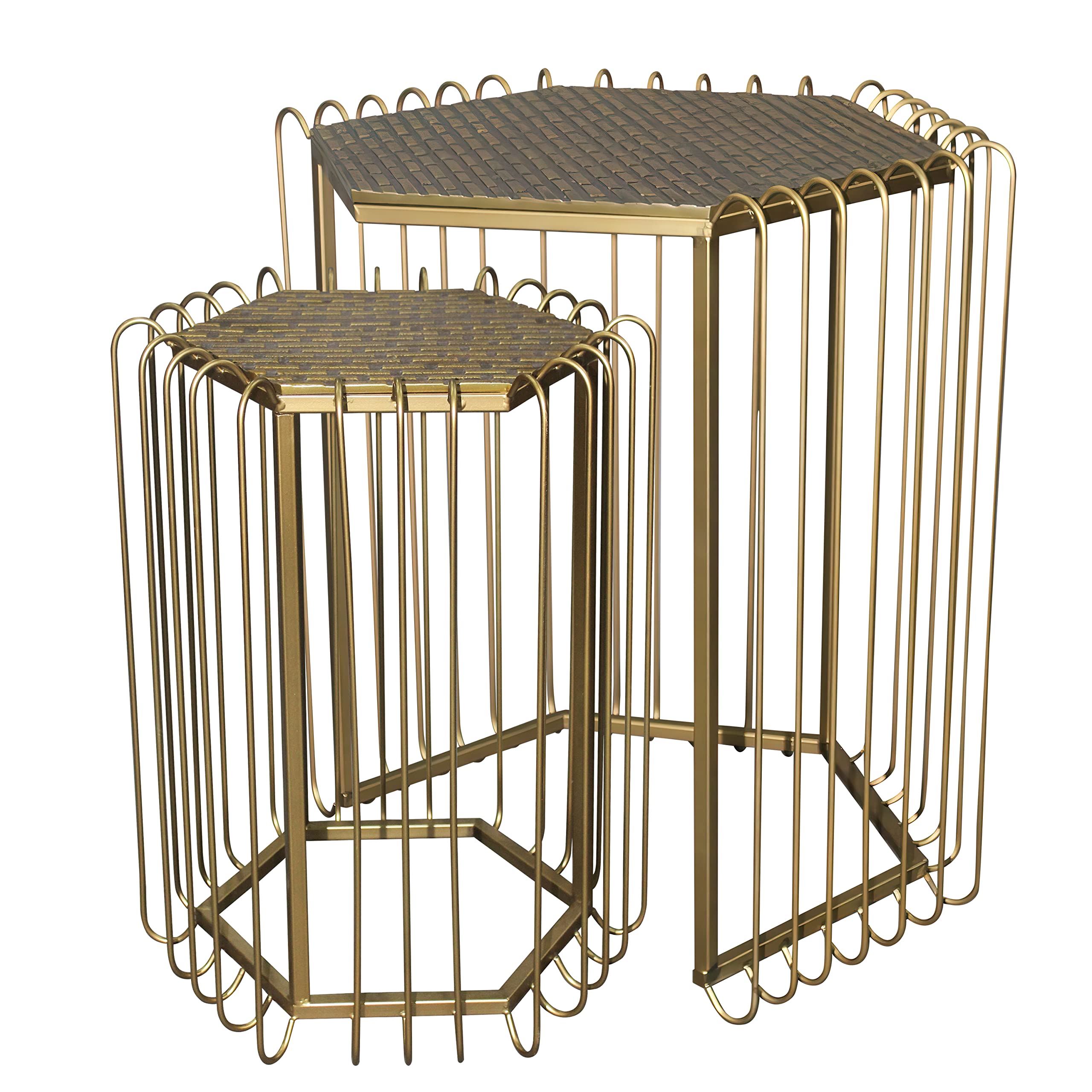 The Urban Port 22, 19-Inch 2-Piece Nesting End Side Table Set, Hexagonal Top, Wire Frame, Metal, Antique Brass