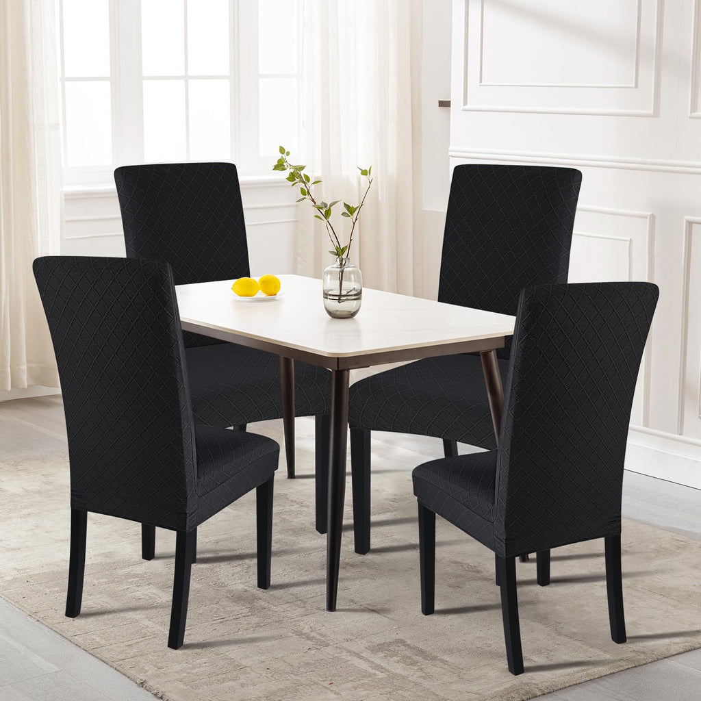 Searchi Dining Room Chair Covers Set Of 6, Stretch Jacquard Parsons Chair Slipcovers Removable Washable Kitchen Chair Protector Cover For Dining Room, Hotel, Ceremony (Black Rhombus)