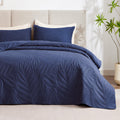 Exq Home Quilt Set Full Queen Size Navy 3 Piece,Lightweight Soft Coverlet Modern Style Leaf Pattern Bedspread Set(1 Quilt,2 Pill