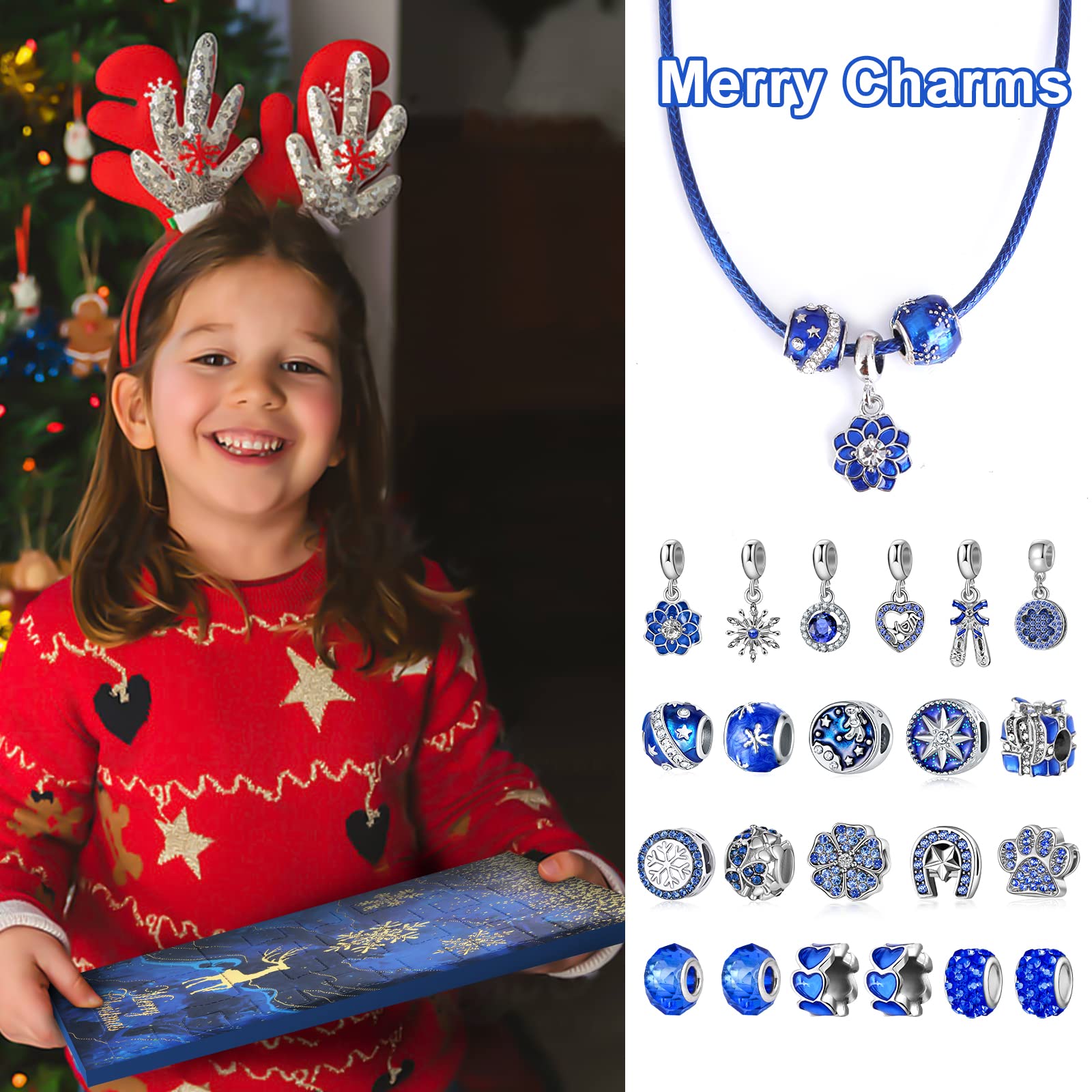 Mjartoria Advent Calendar 2024 For Women-Royal Blue Jewelry 24 Days Christmas Countdown-Inclued Royal Blue Snowflake Metal Charm