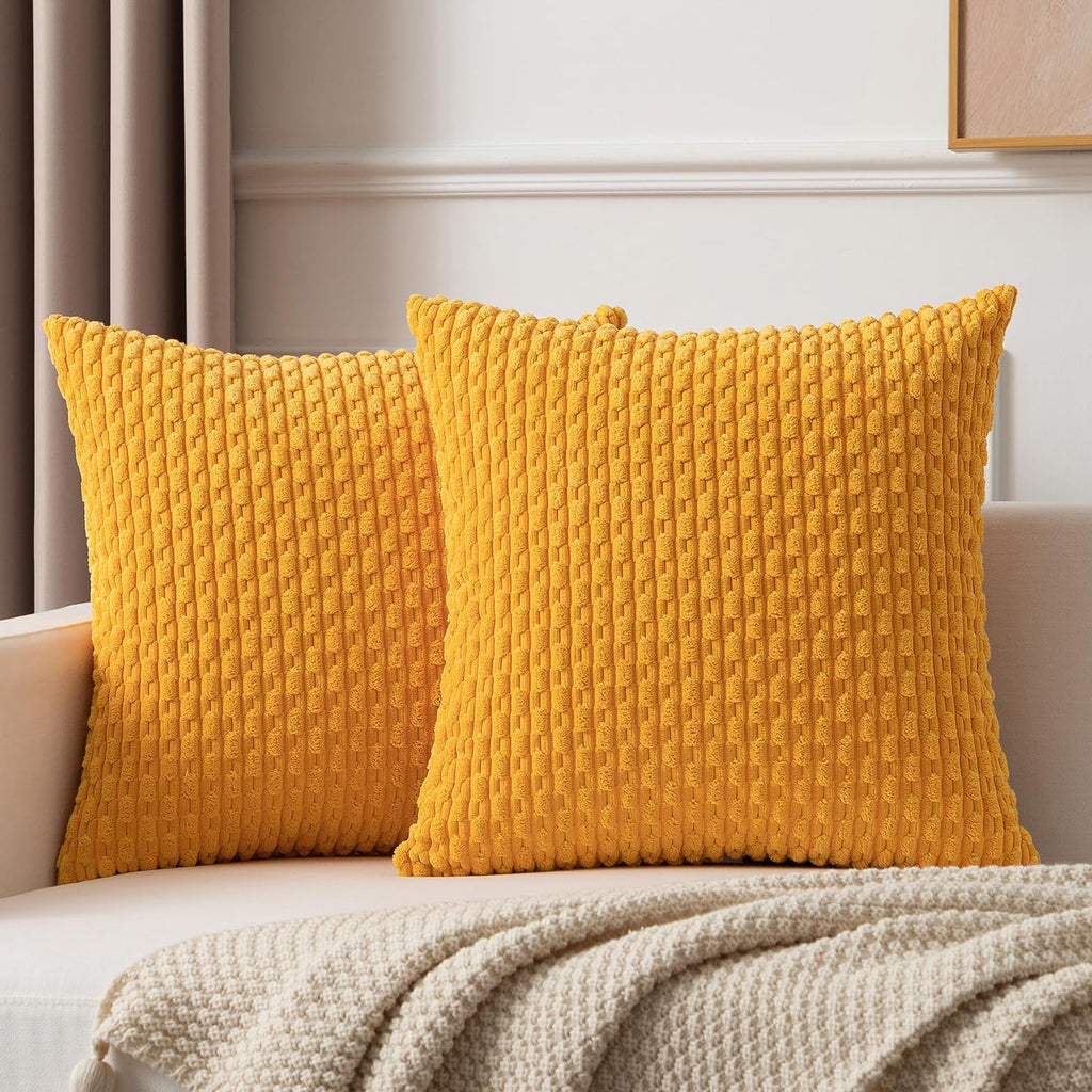 Kevin Textile Decorative Pillow Covers Soft Striped Velvet Throw Pillow Covers Set Of 2 Cushion Cover For Chair, 18 X 18 Inch, Yellow
