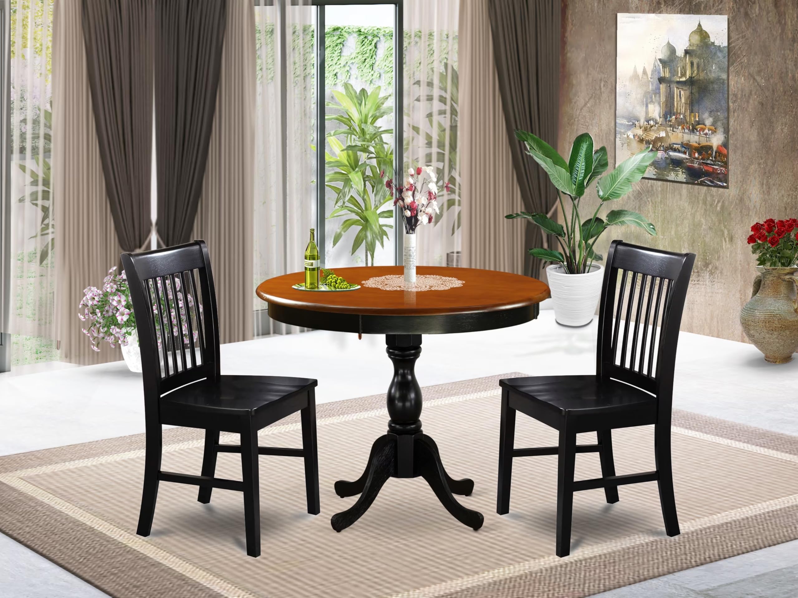 East West Furniture Amnf3-Bch-W 3 Piece Dining Room Table Set Contains A Round Kitchen Table With Pedestal And 2 Dining Chairs, 36X36 Inch, Black & Cherry