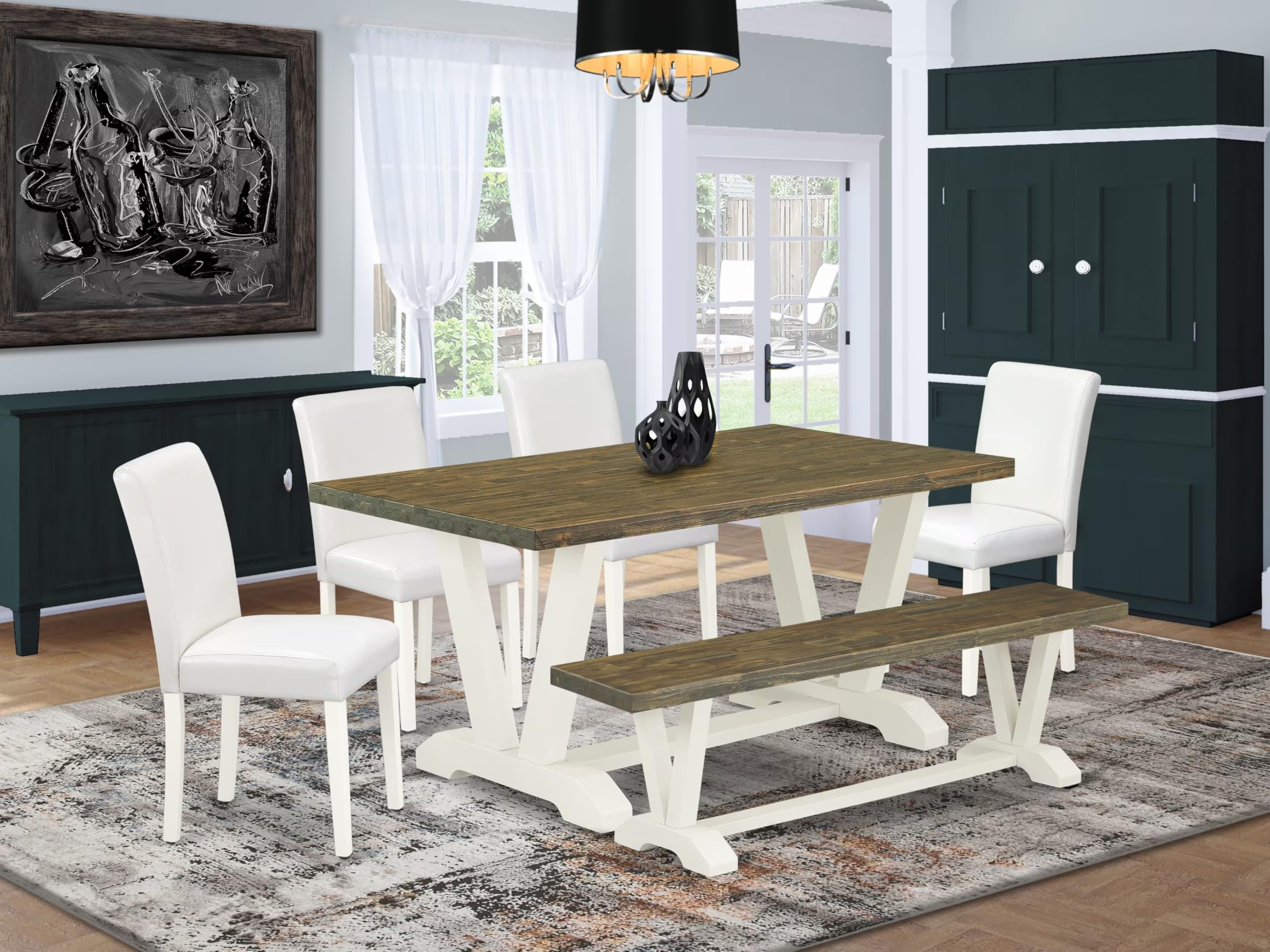 East West Furniture V076Ab264-6 6 Piece Kitchen Table Set Contains A Rectangle Dining Table With V-Legs And 4 White Faux Leather Parson Chairs With A Bench, 36X60 Inch, Multi-Color