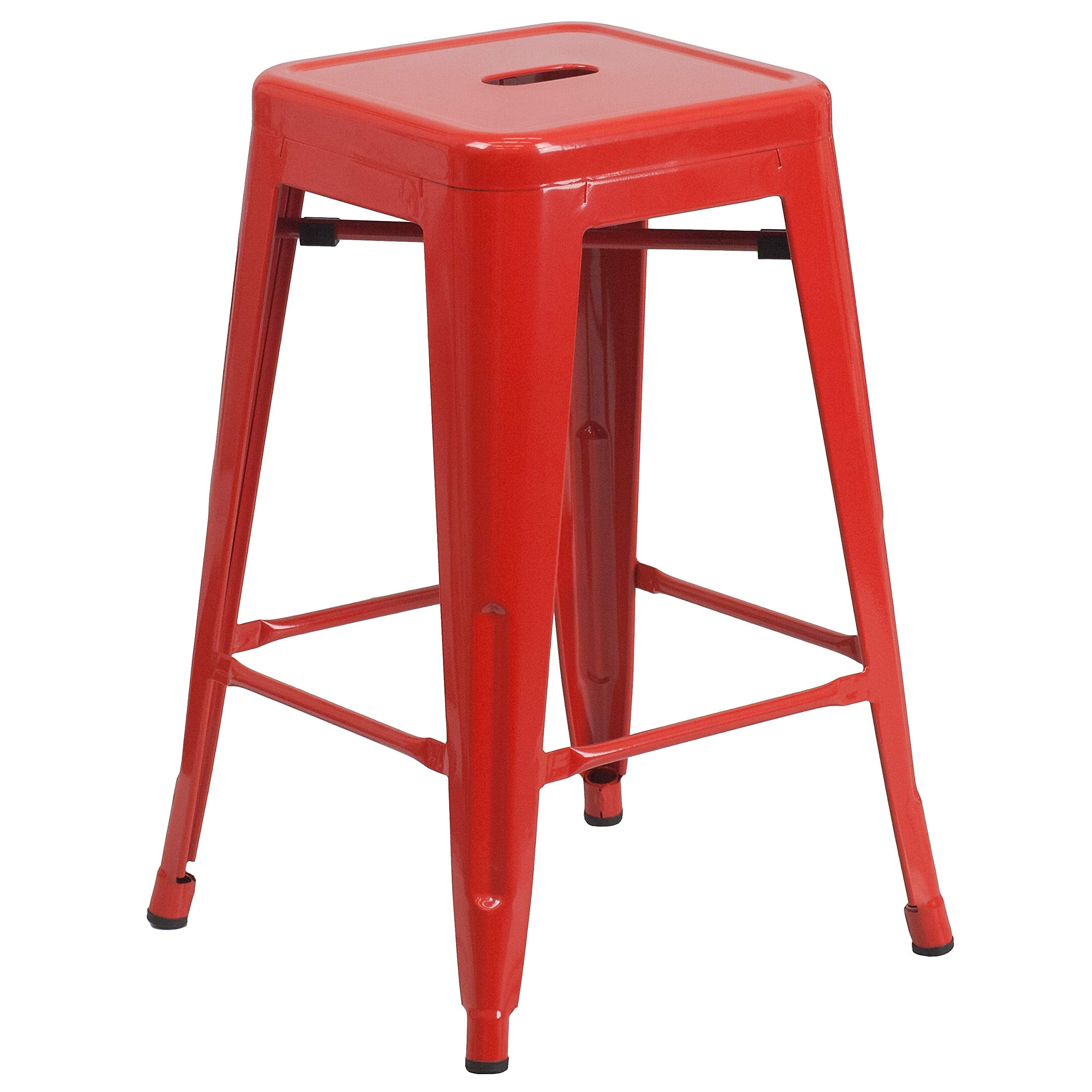 Flash Furniture Kai Commercial Grade 24 High Backless Red Metal Indoor-Outdoor Counter Height Stool with Square Seat