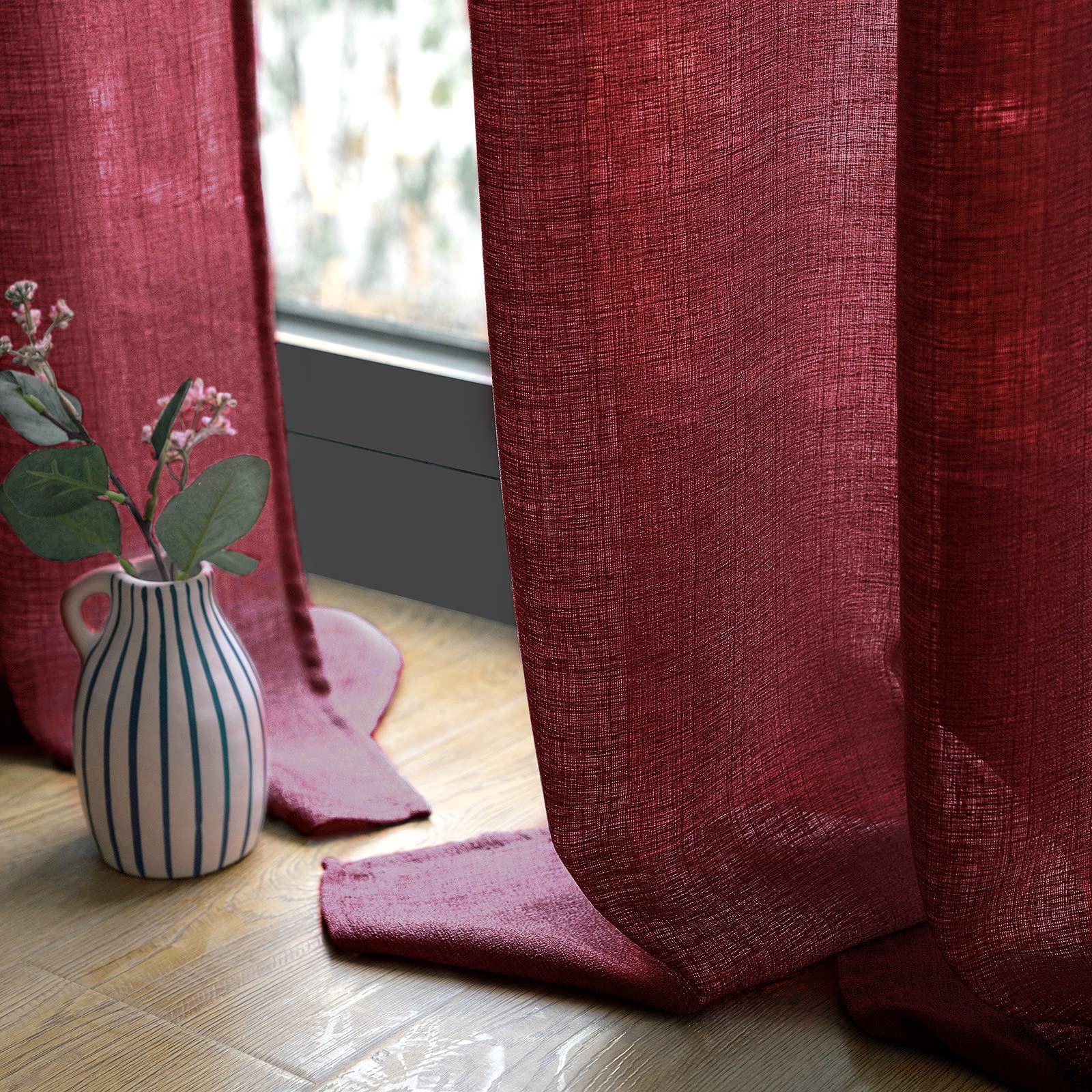 Miulee Burgundy Red Faux Linen Textured Sheer Curtains 96 Inches Long 2 Panels For Bedroom Living Room Grommet Light Filtering C