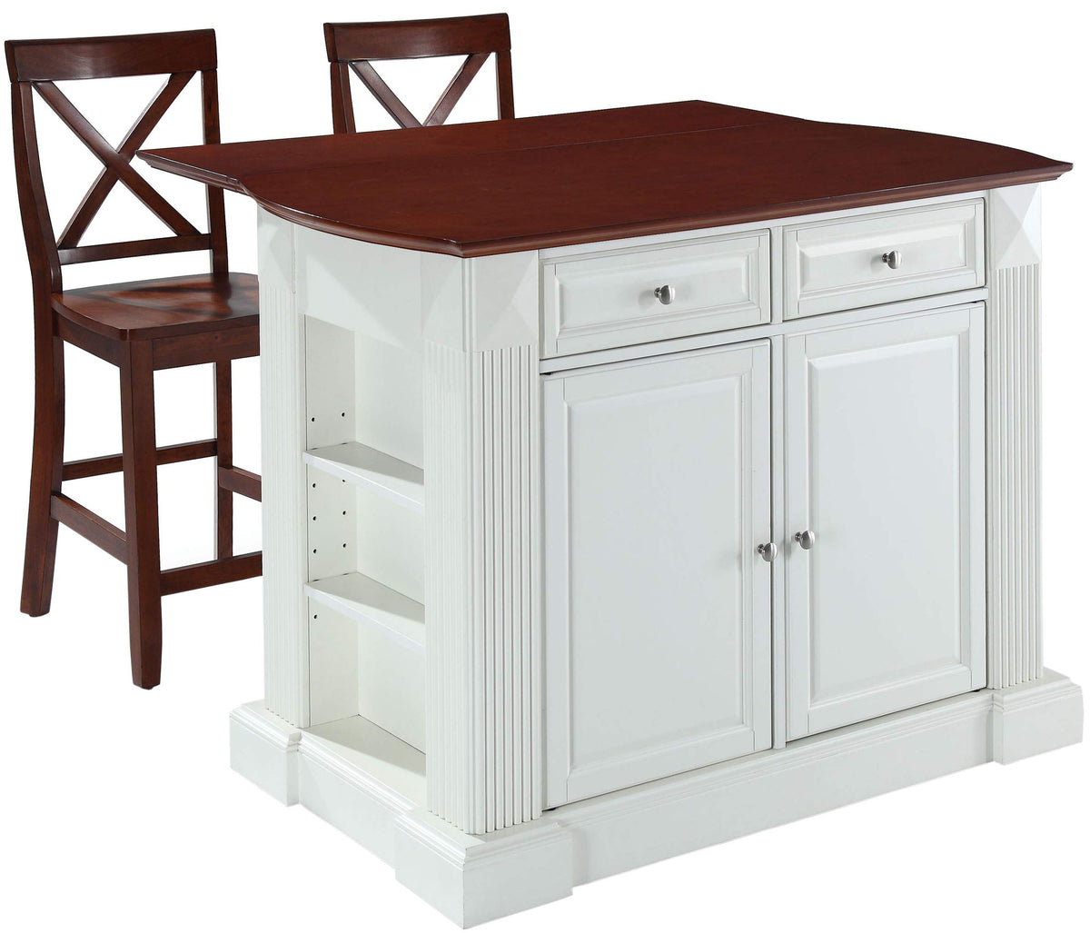 Crosley Furniture Drop Leaf Kitchen Island/Breakfast Bar With 24-Inch X-Back Stools, White/Classic Cherry