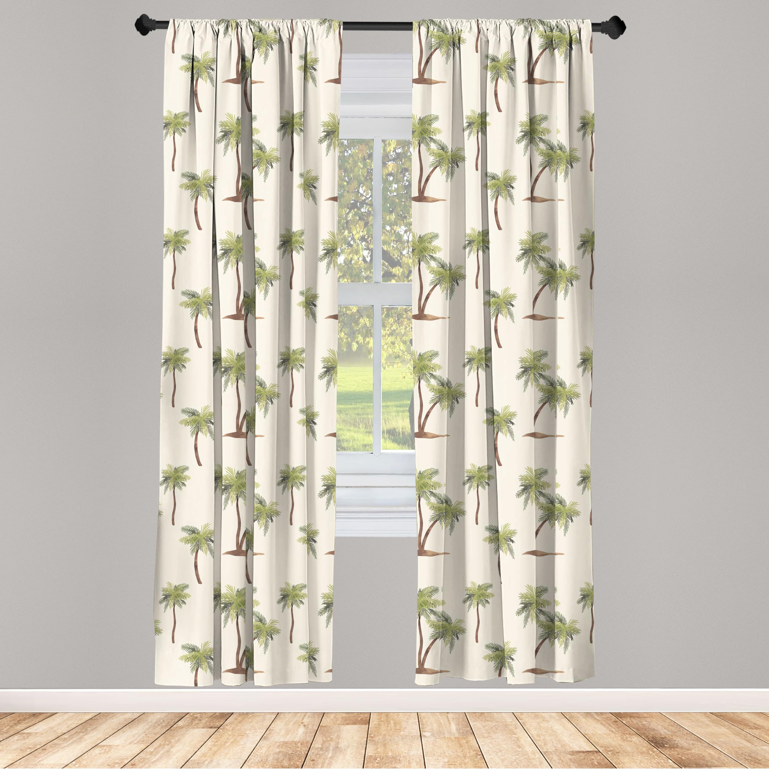 Ambesonne Hawaii Window Curtains Pack Of 2, Repetitive Jungle Trees Pattern Hand Drawn Pastel Tropical Palms, Lightweight Set Wi