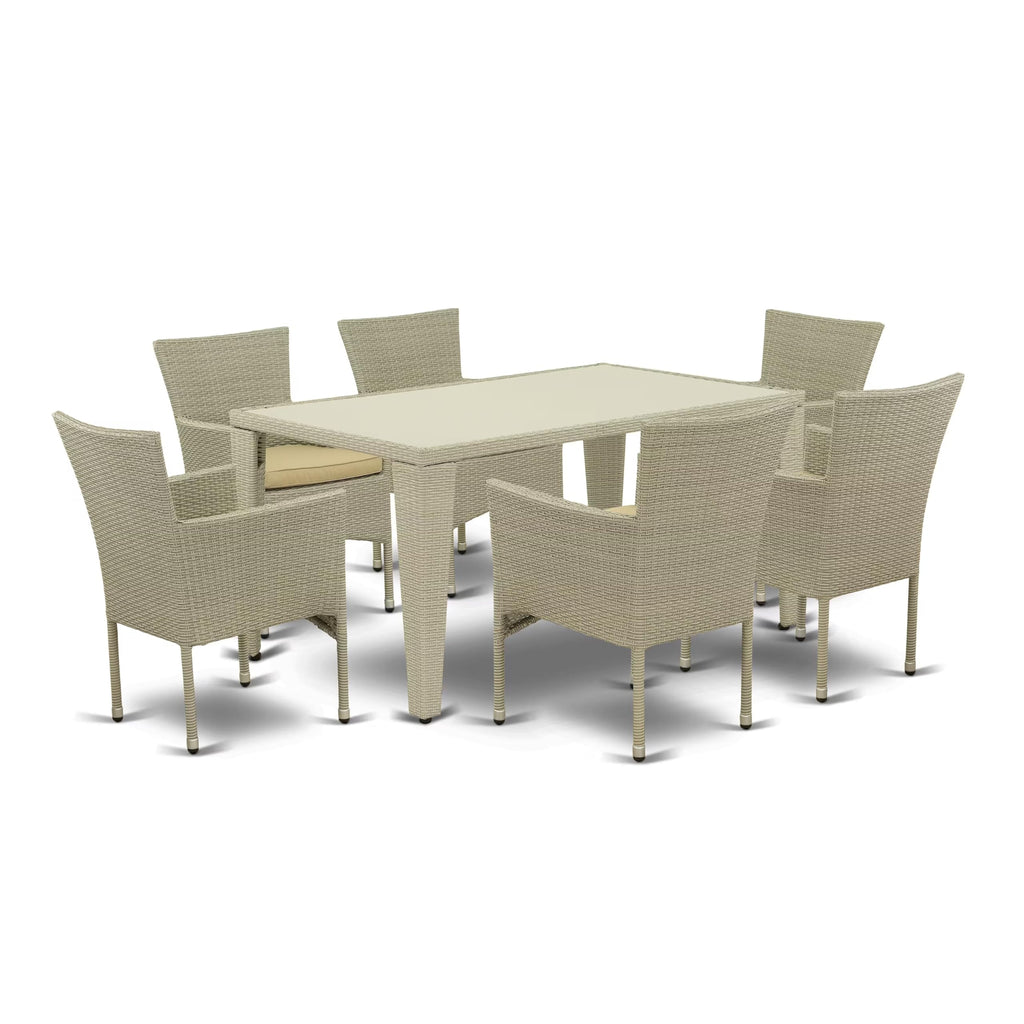 East West Furniture Gubk7-03A Gudhjem 7 Piece Outdoor Patio Conversation Sets Consist Of A Rectangle Wicker Dining Table With Glass Top And 6 Backyard Armchair With Cushion, 36X60 Inch, Natural Linen