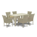 East West Furniture Gubk7-03A Gudhjem 7 Piece Outdoor Patio Conversation Sets Consist Of A Rectangle Wicker Dining Table With Glass Top And 6 Backyard Armchair With Cushion, 36X60 Inch, Natural Linen