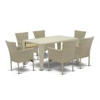 East West Furniture Gubk7-03A Gudhjem 7 Piece Outdoor Patio Conversation Sets Consist Of A Rectangle Wicker Dining Table With Glass Top And 6 Backyard Armchair With Cushion, 36X60 Inch, Natural Linen