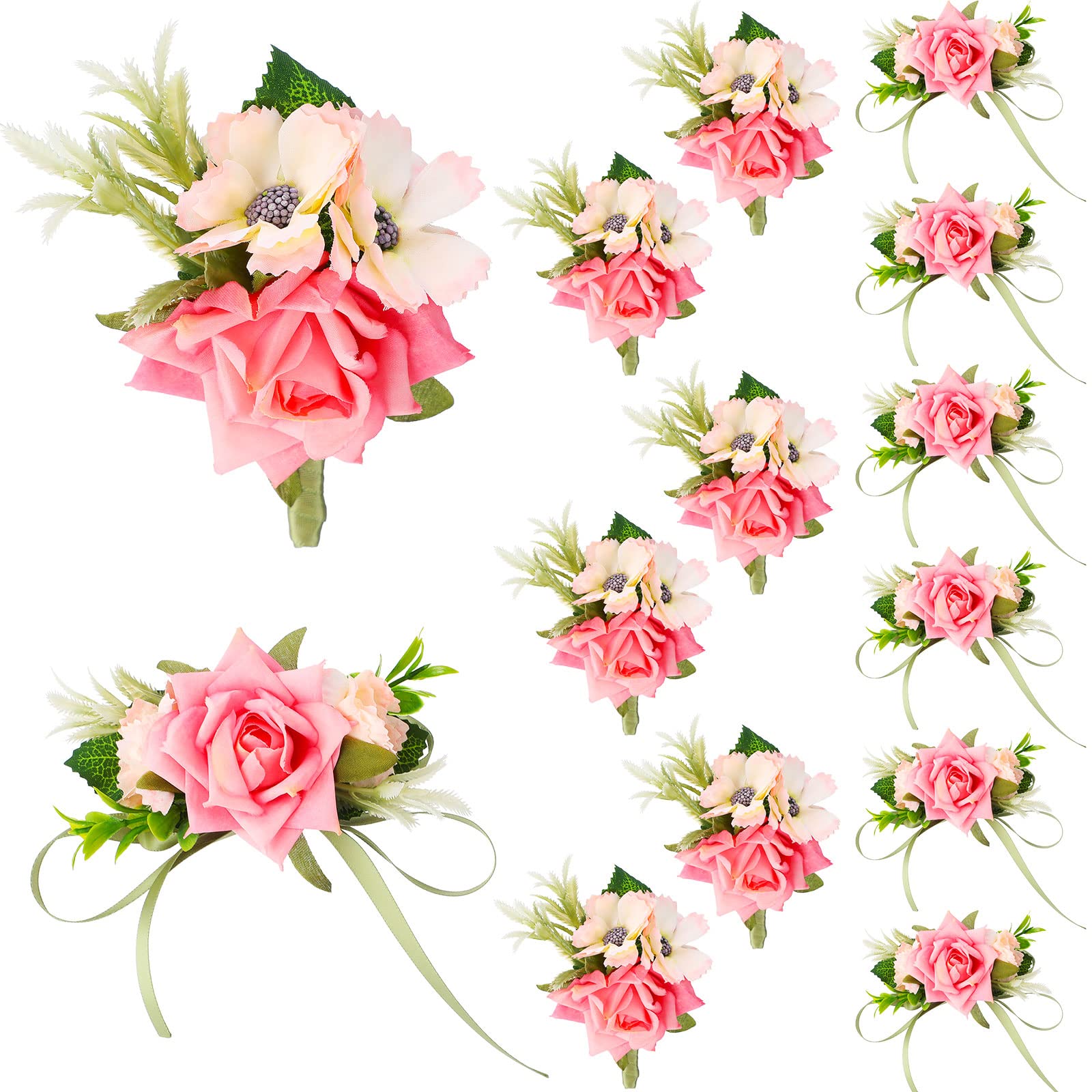12 Pcs Boutonniere and Corsage for Wedding Party Flower Wrist Corsages with Pins for Men Women Groom Bride Groomsmen Prom Ceremo