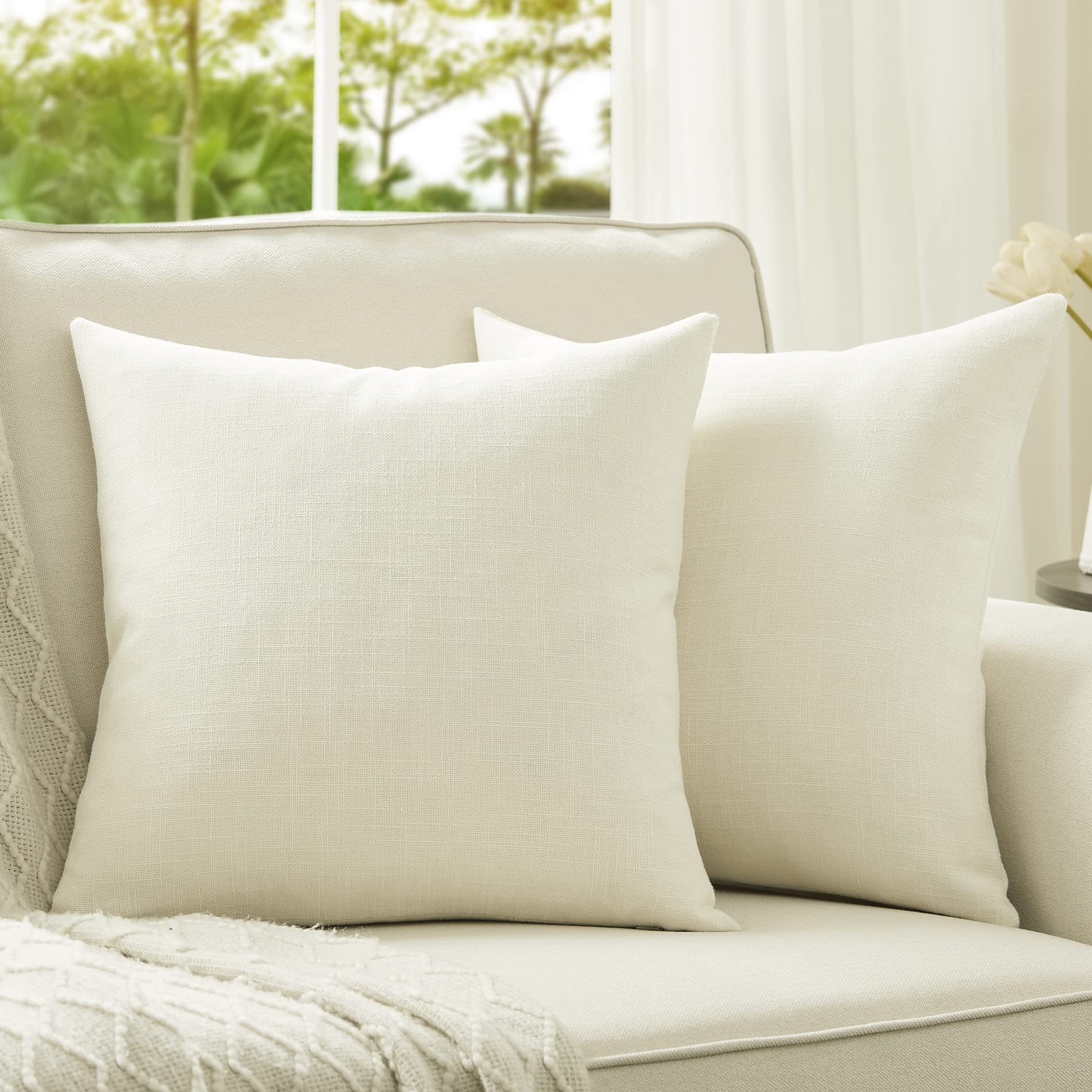 Anickal Set Of 2 Ivory Pillow Covers 18X18 Inch Rustic Linen Square Decorative Throw Pillow Covers For Sofa Couch Farmhouse Home