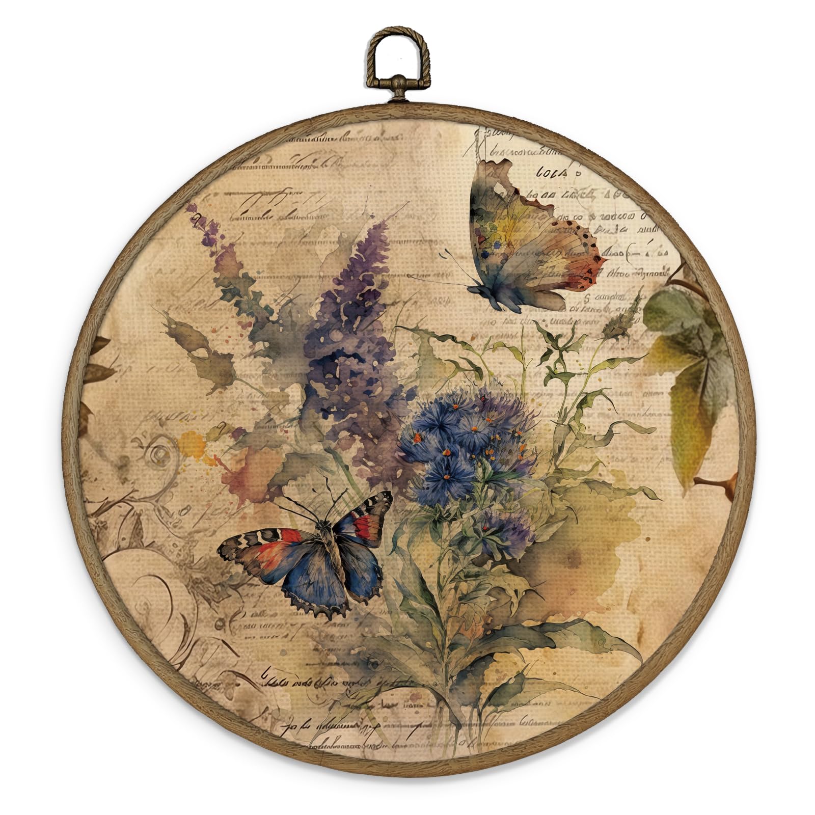 MAQIKA Vintage Butterfly Botanical Framed Wall Art Decor, Butterfly Wall Decor, Wildflower Round Wall Hanging Decor, Farmhouse B