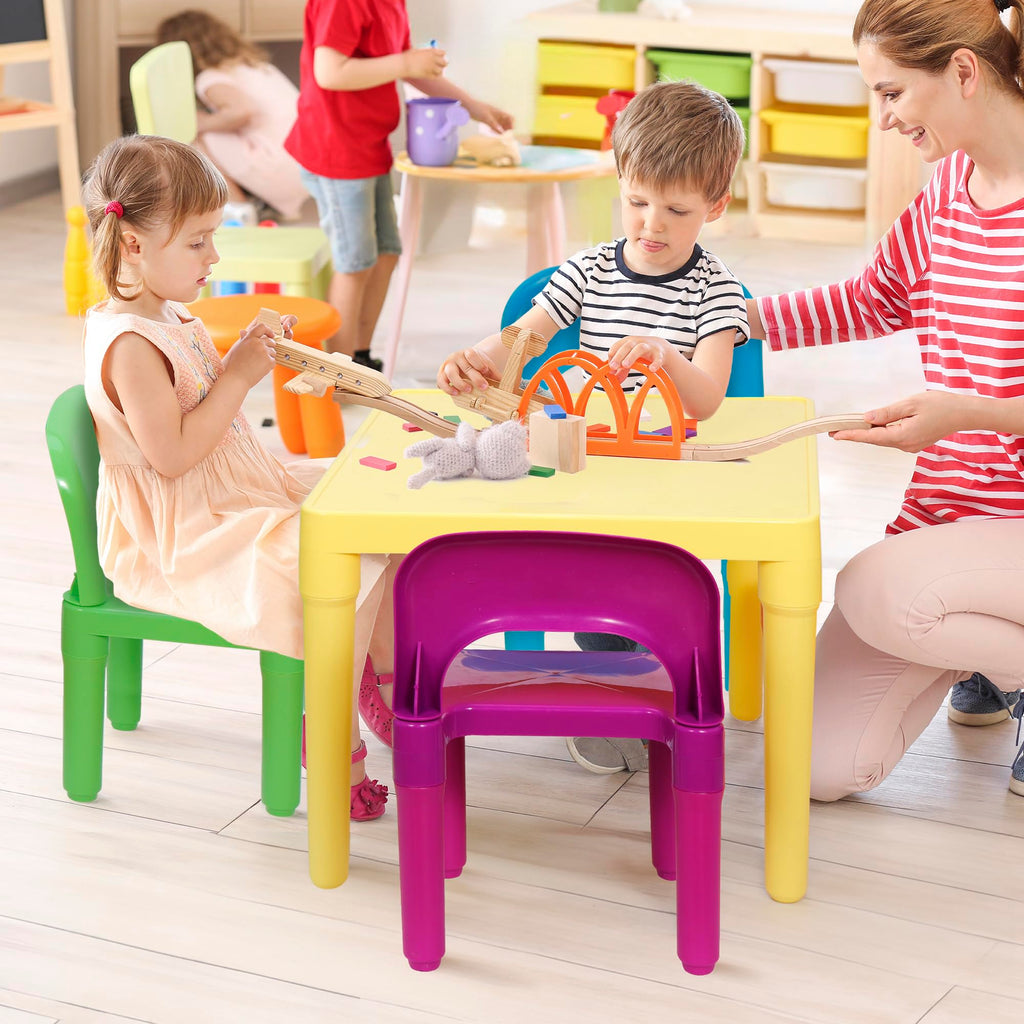 Zeny Kids Plastic Table And 4 Chairs Set, Multicolor Play Room Furniture For Reading, Train, Art, Crafts