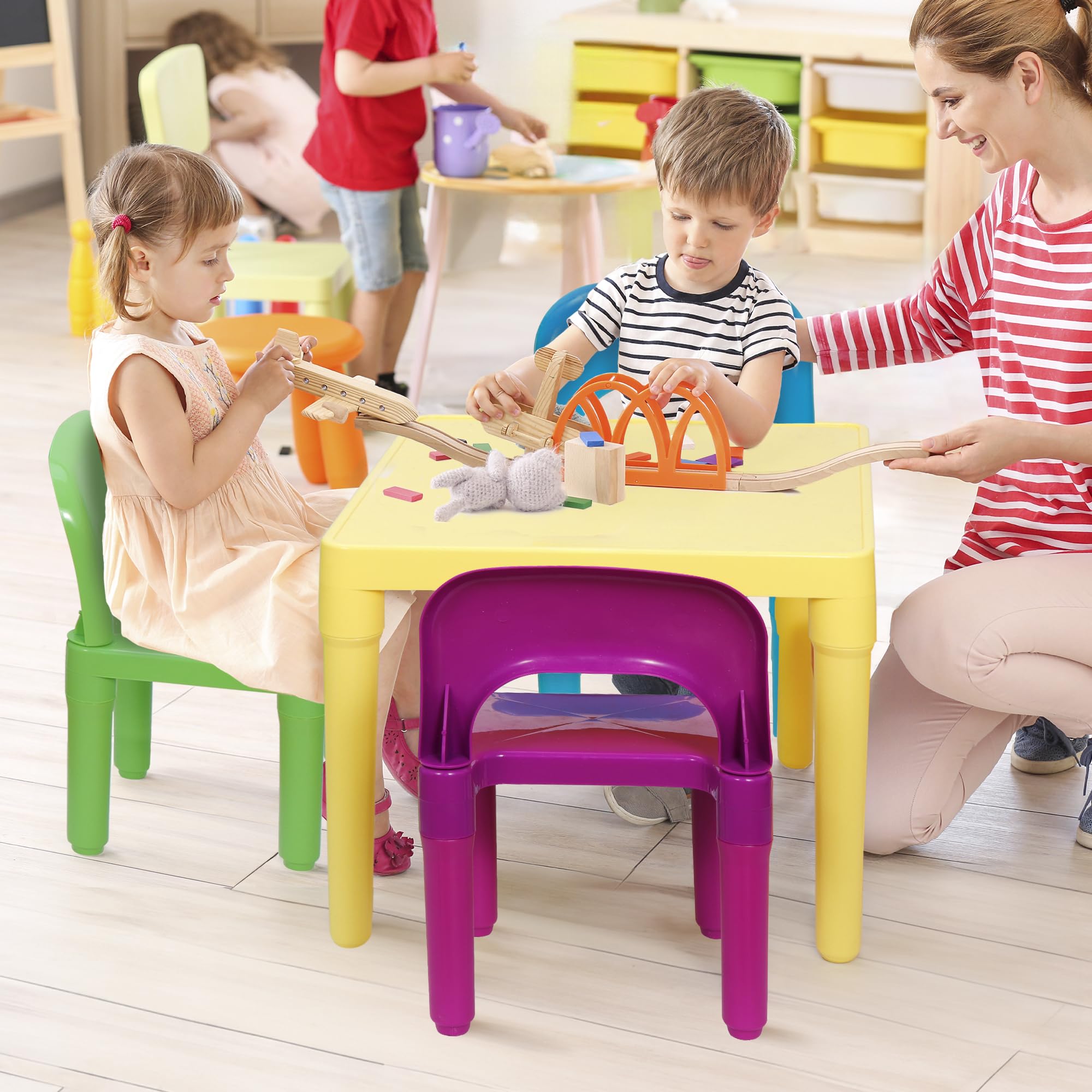 Zeny Kids Plastic Table And 4 Chairs Set, Multicolor Play Room Furniture For Reading, Train, Art, Crafts